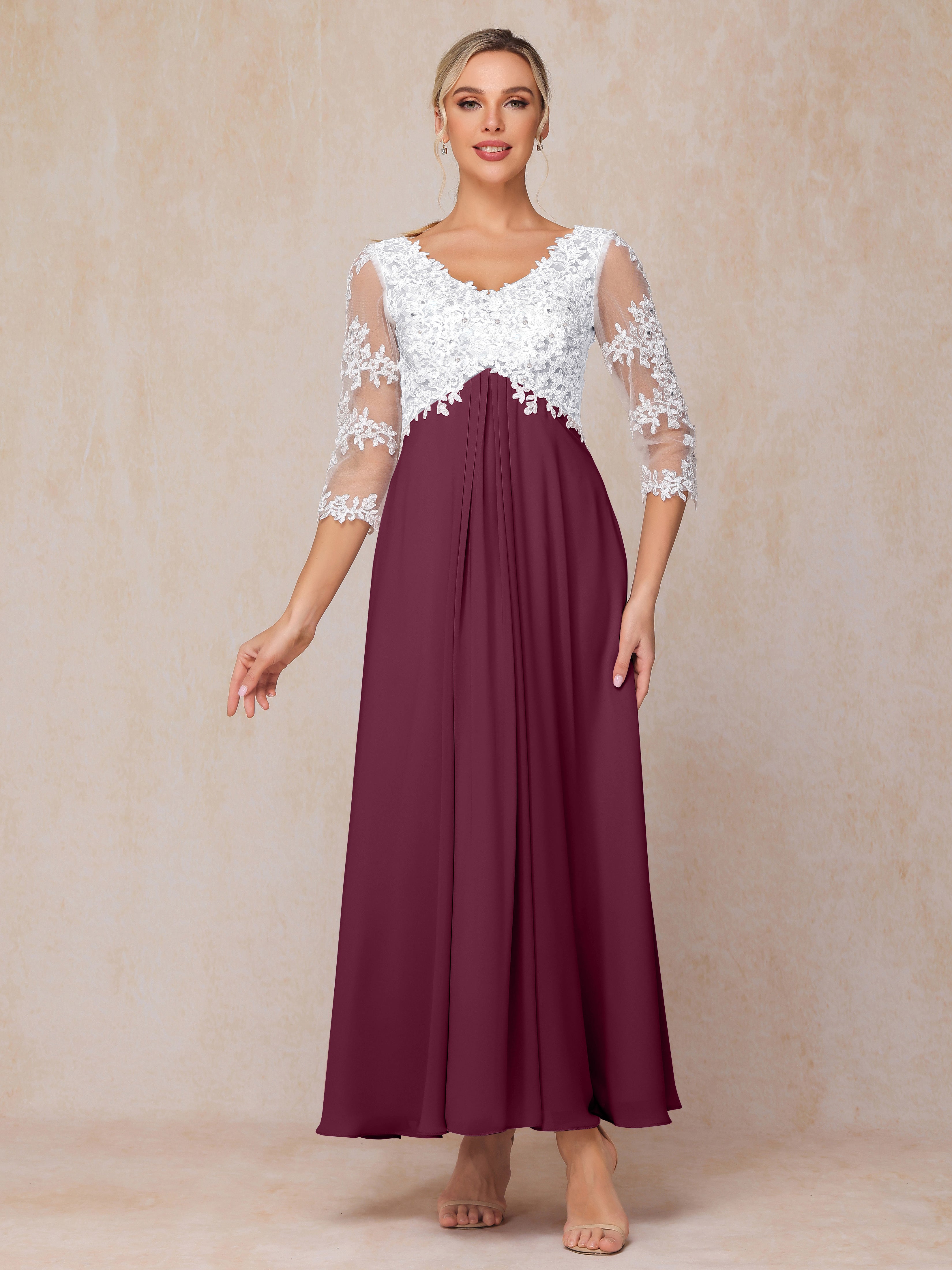 3/4 Sleeves A Line Ankle Length Chiffon Lace Wedding Guest Dresses
