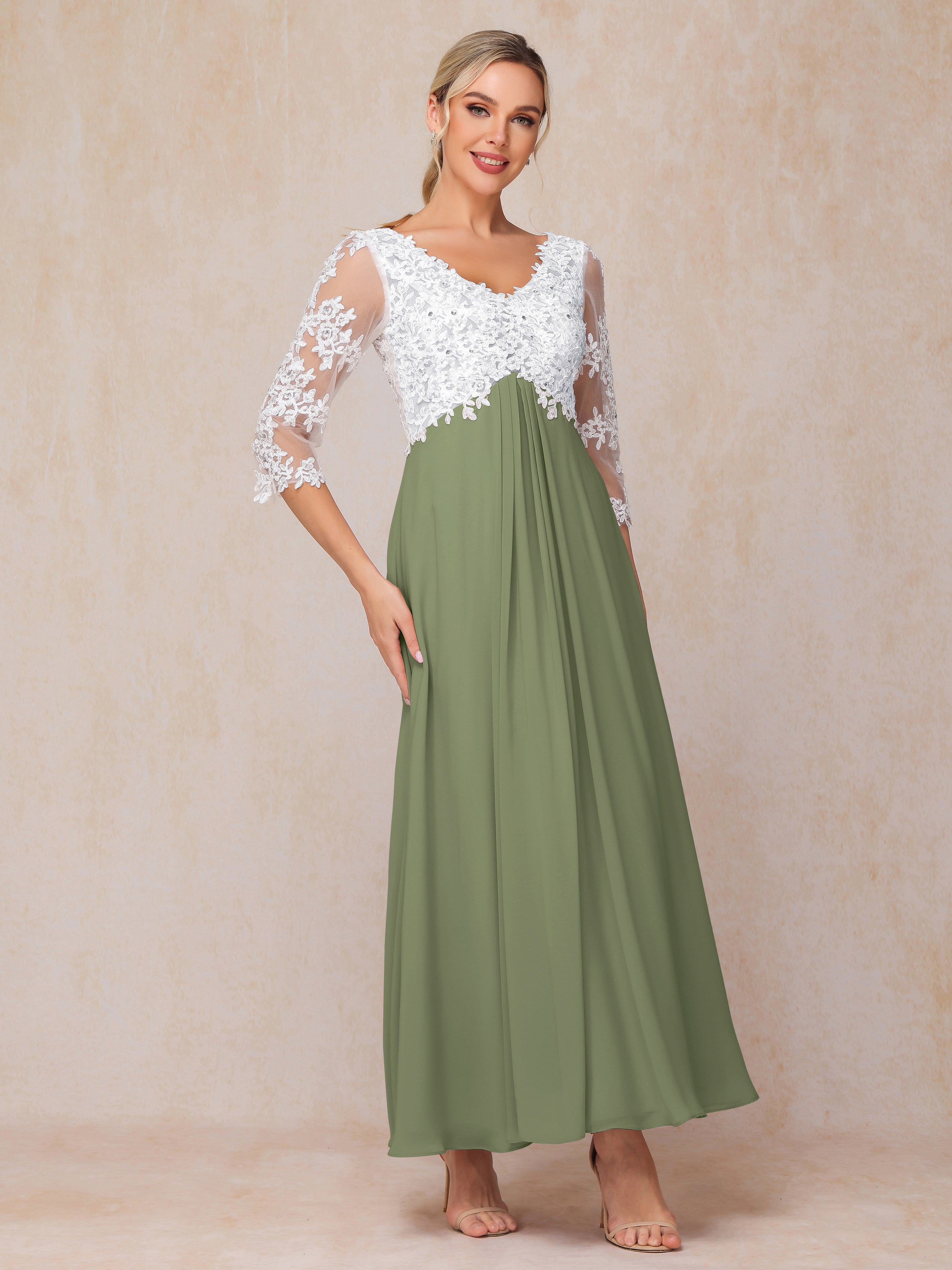 3/4 Sleeves A Line Ankle Length Chiffon Lace Wedding Guest Dresses