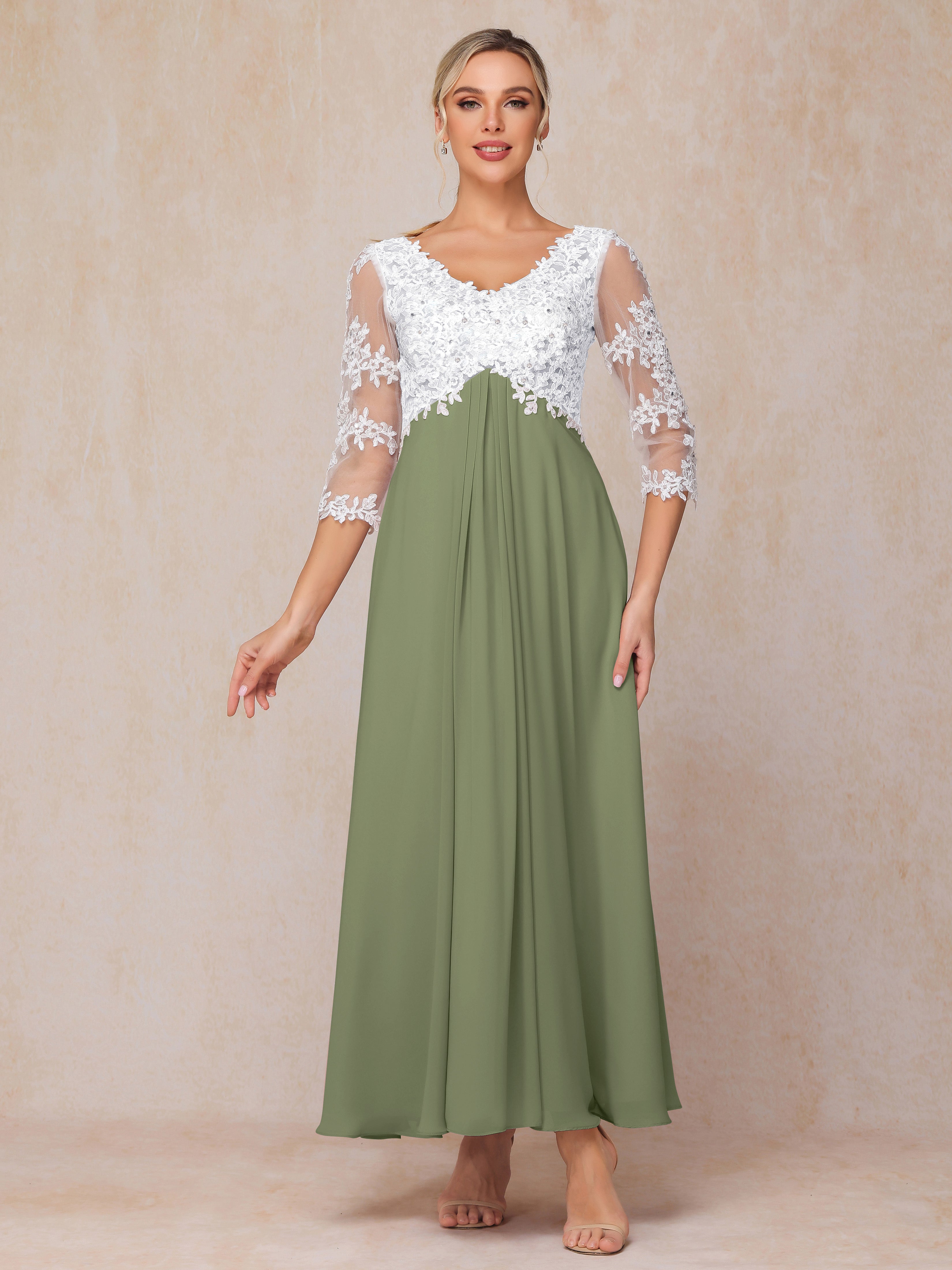 3/4 Sleeves A Line Ankle Length Chiffon Lace Wedding Guest Dresses