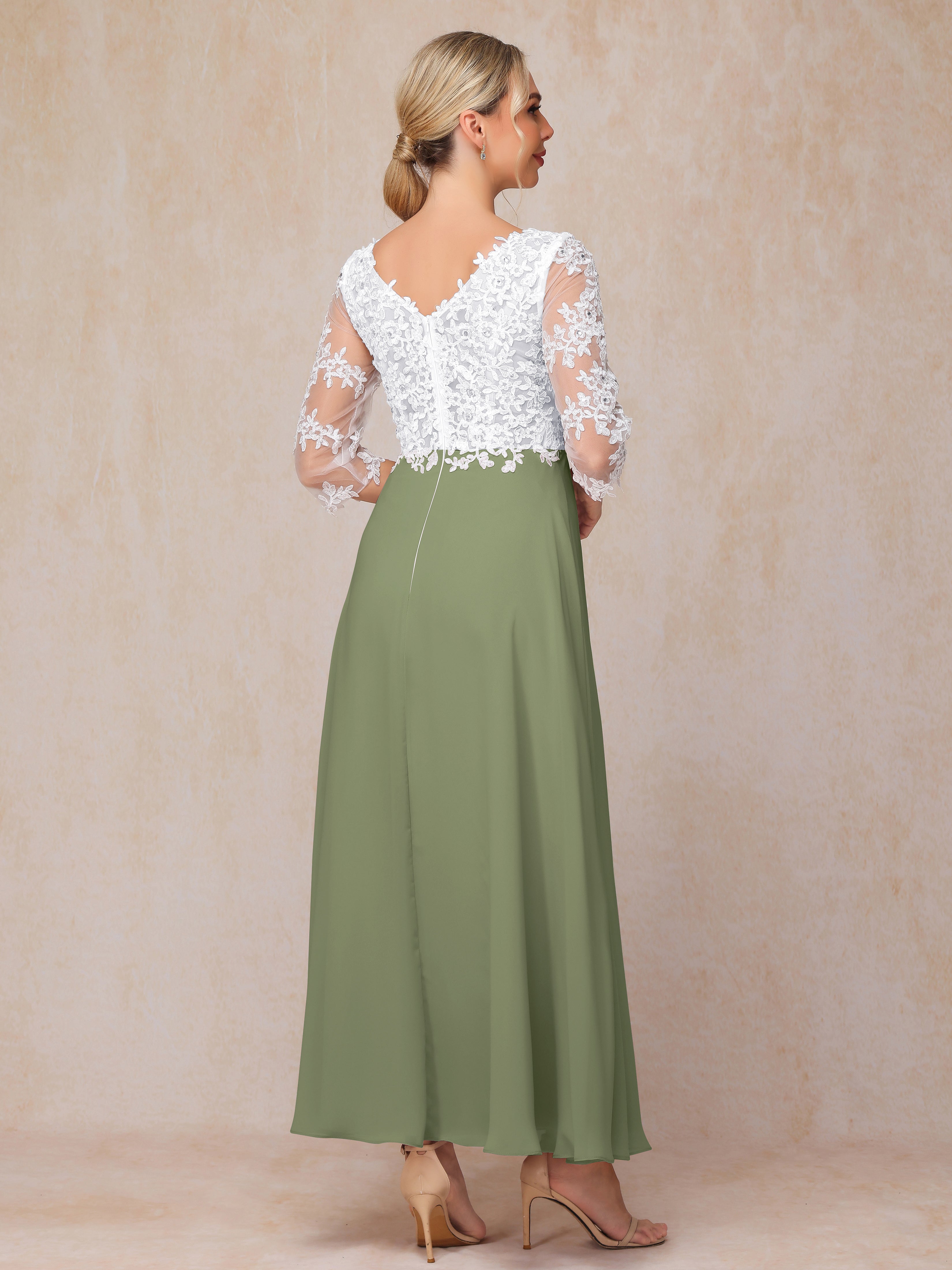 3/4 Sleeves A Line Ankle Length Chiffon Lace Wedding Guest Dresses