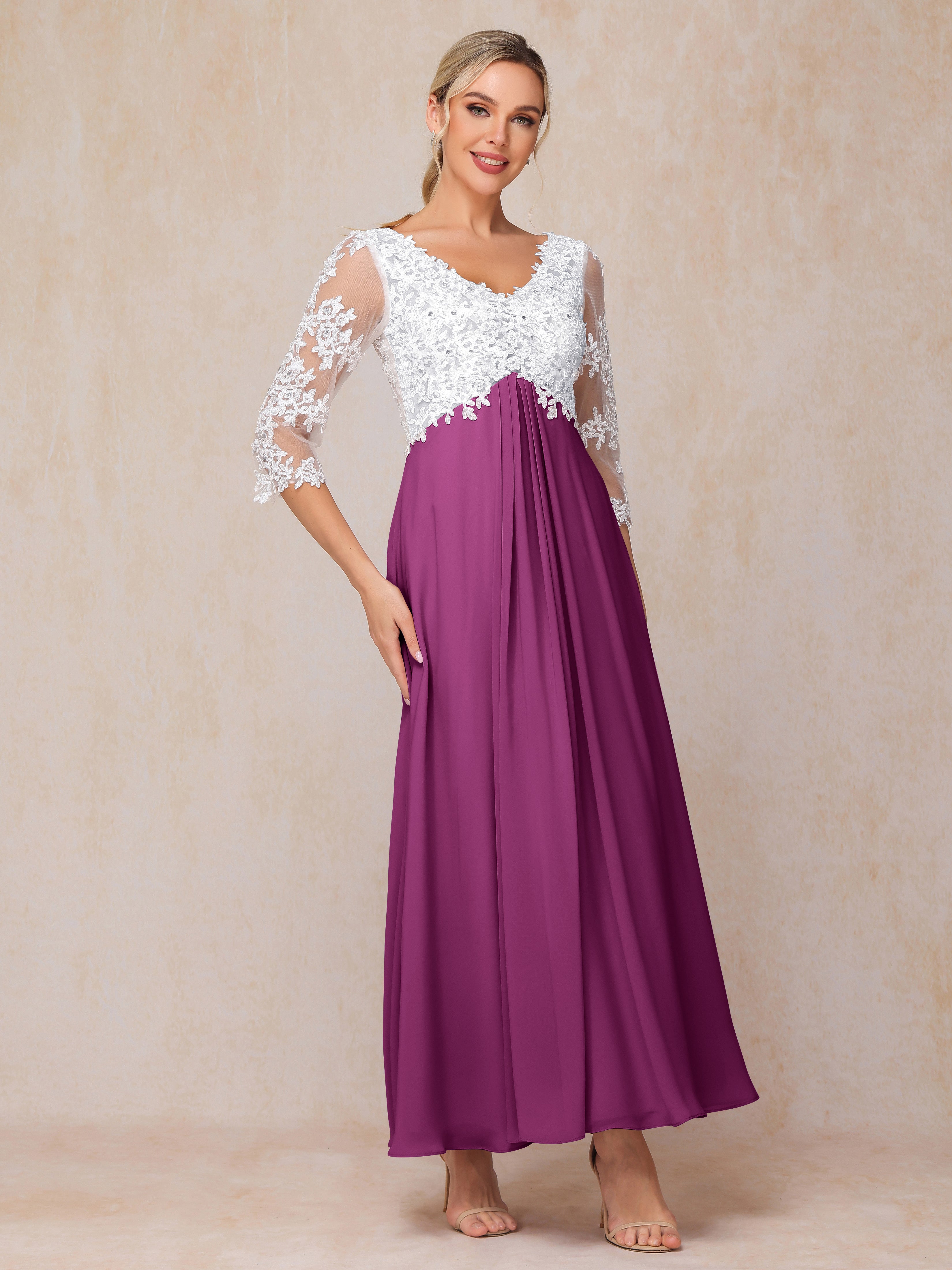 3/4 Sleeves A Line Ankle Length Chiffon Lace Wedding Guest Dresses