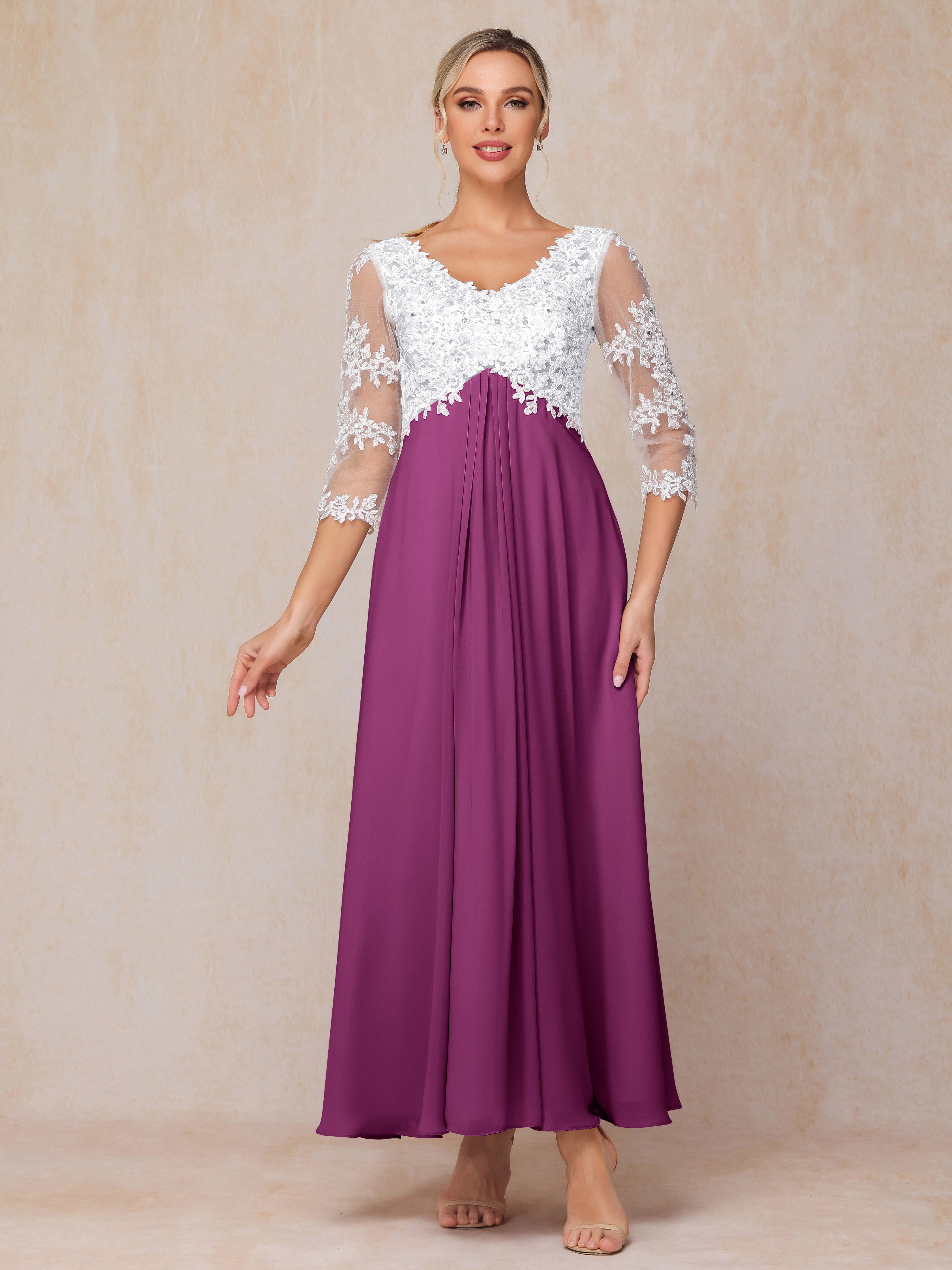 3/4 Sleeves A Line Ankle Length Chiffon Lace Wedding Guest Dresses