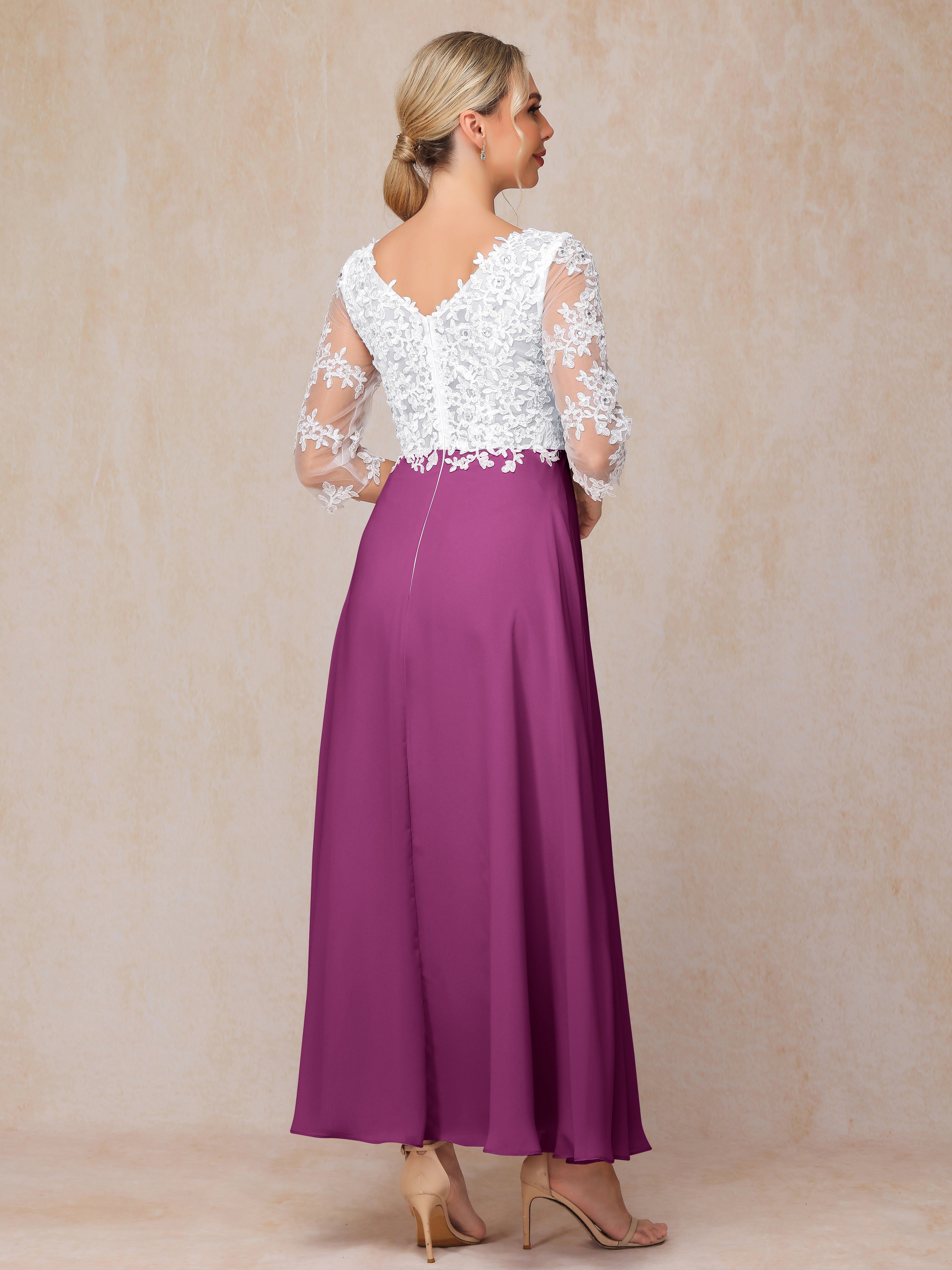 3/4 Sleeves A Line Ankle Length Chiffon Lace Wedding Guest Dresses