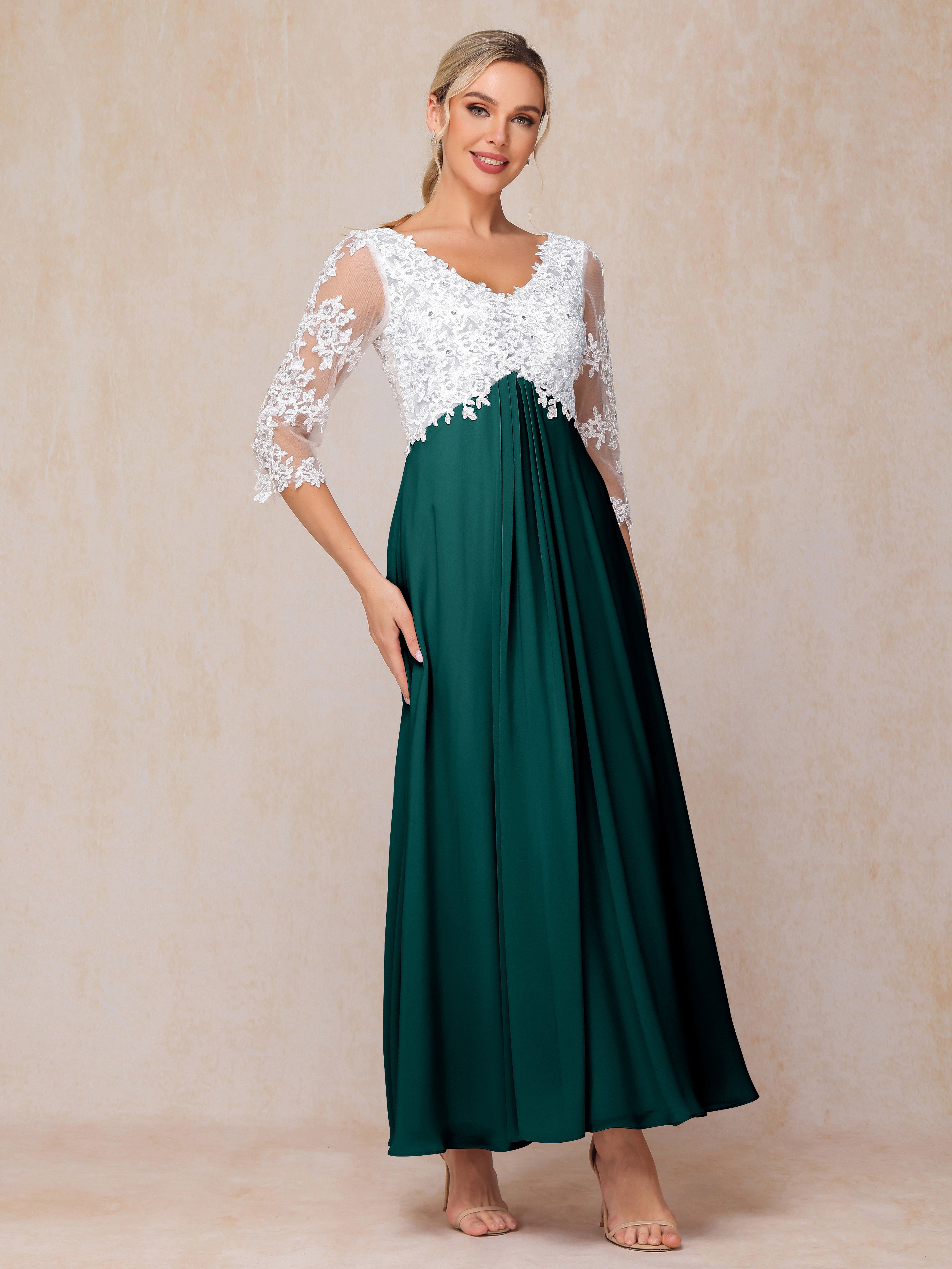 3/4 Sleeves A Line Ankle Length Chiffon Lace Wedding Guest Dresses