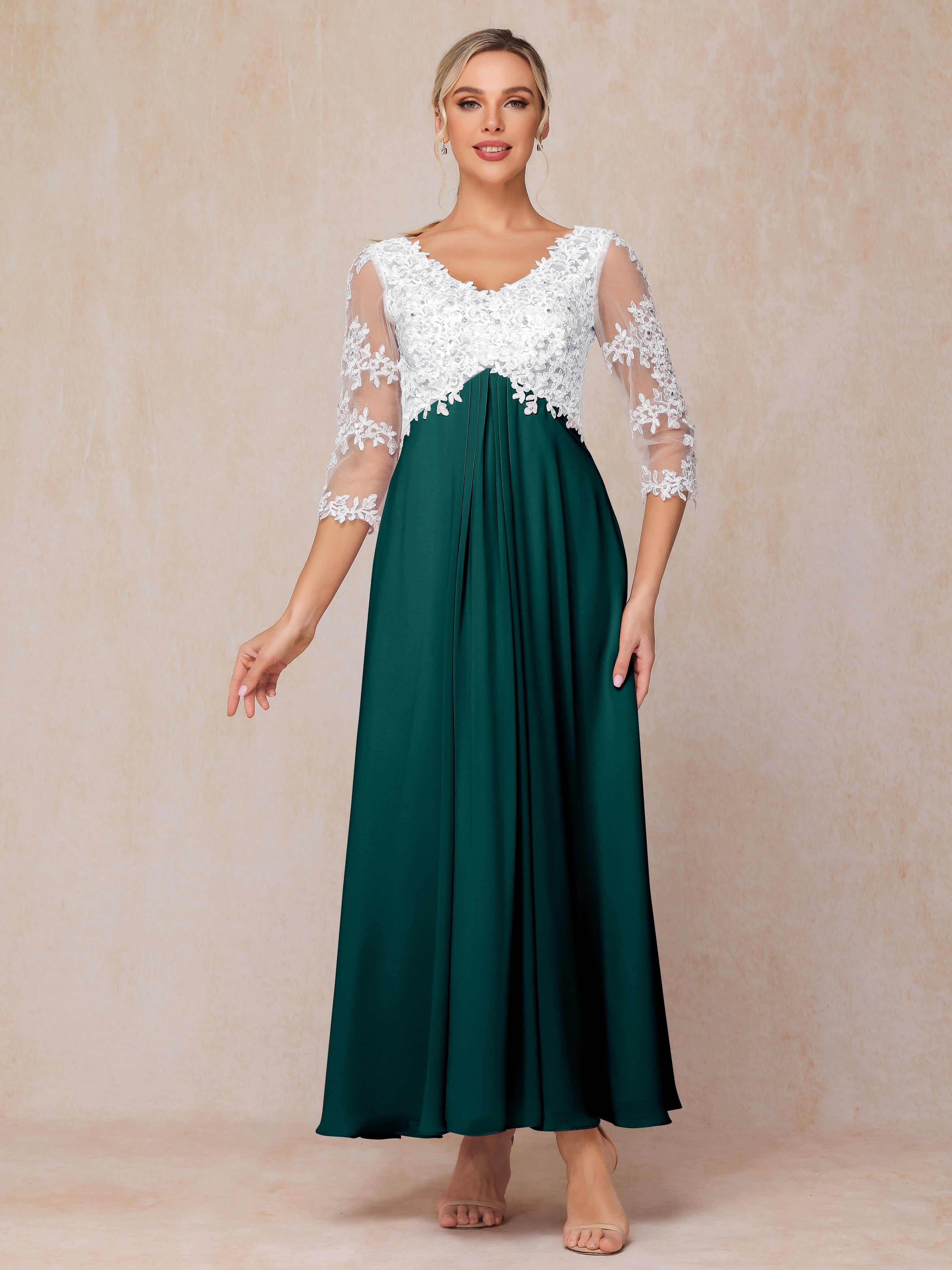 3/4 Sleeves A Line Ankle Length Chiffon Lace Wedding Guest Dresses
