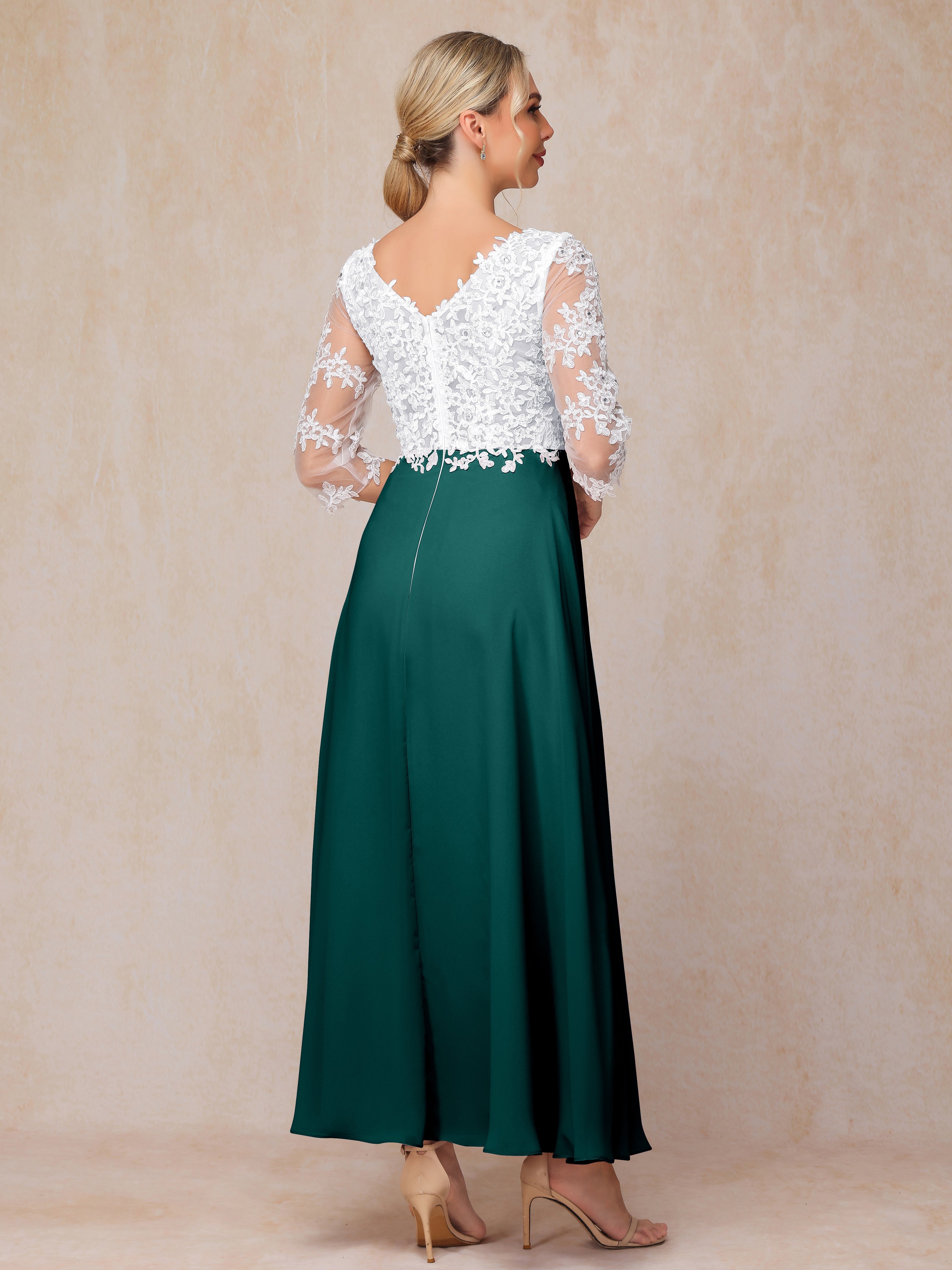 3/4 Sleeves A Line Ankle Length Chiffon Lace Wedding Guest Dresses