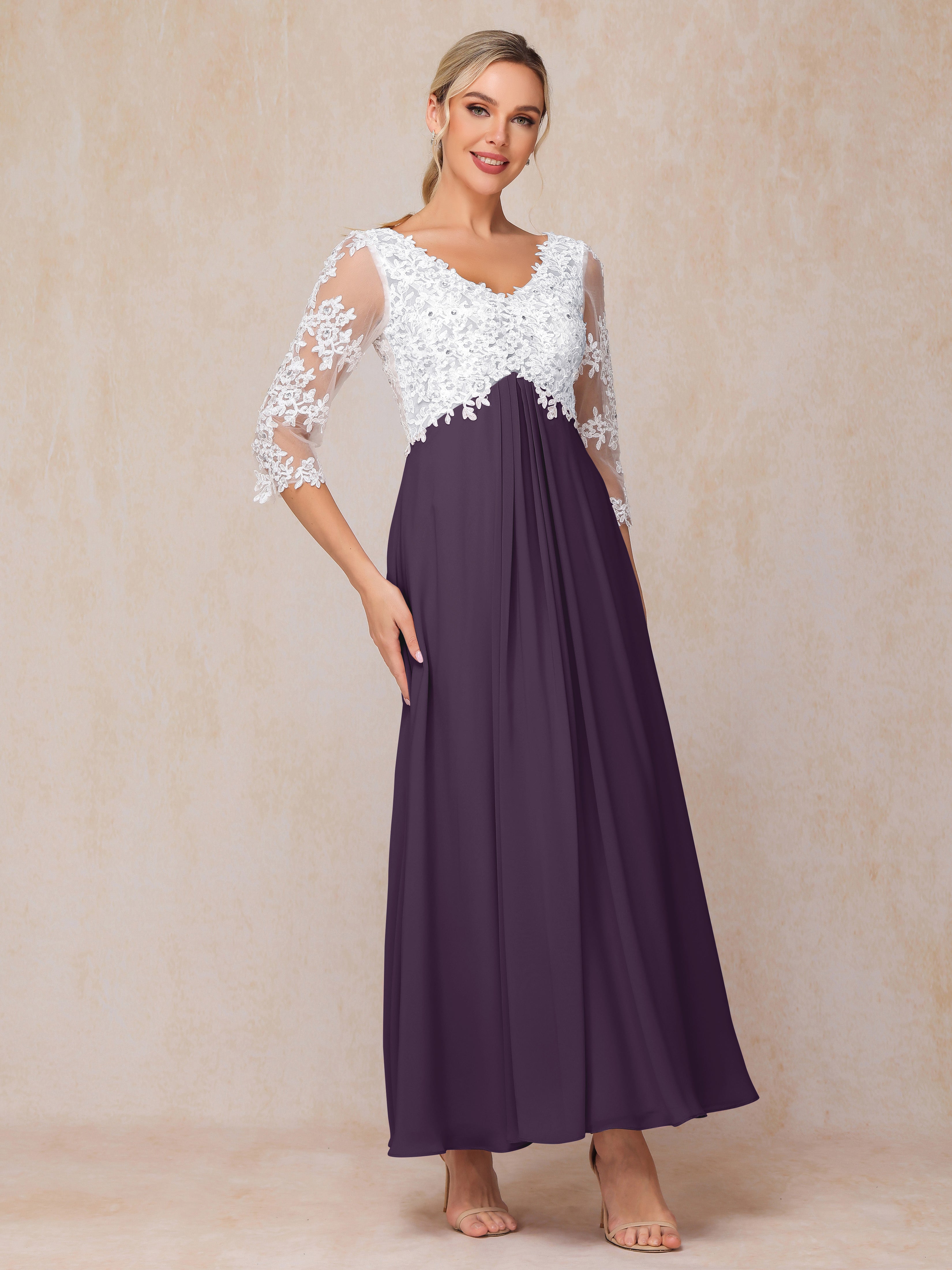 3/4 Sleeves A Line Ankle Length Chiffon Lace Wedding Guest Dresses