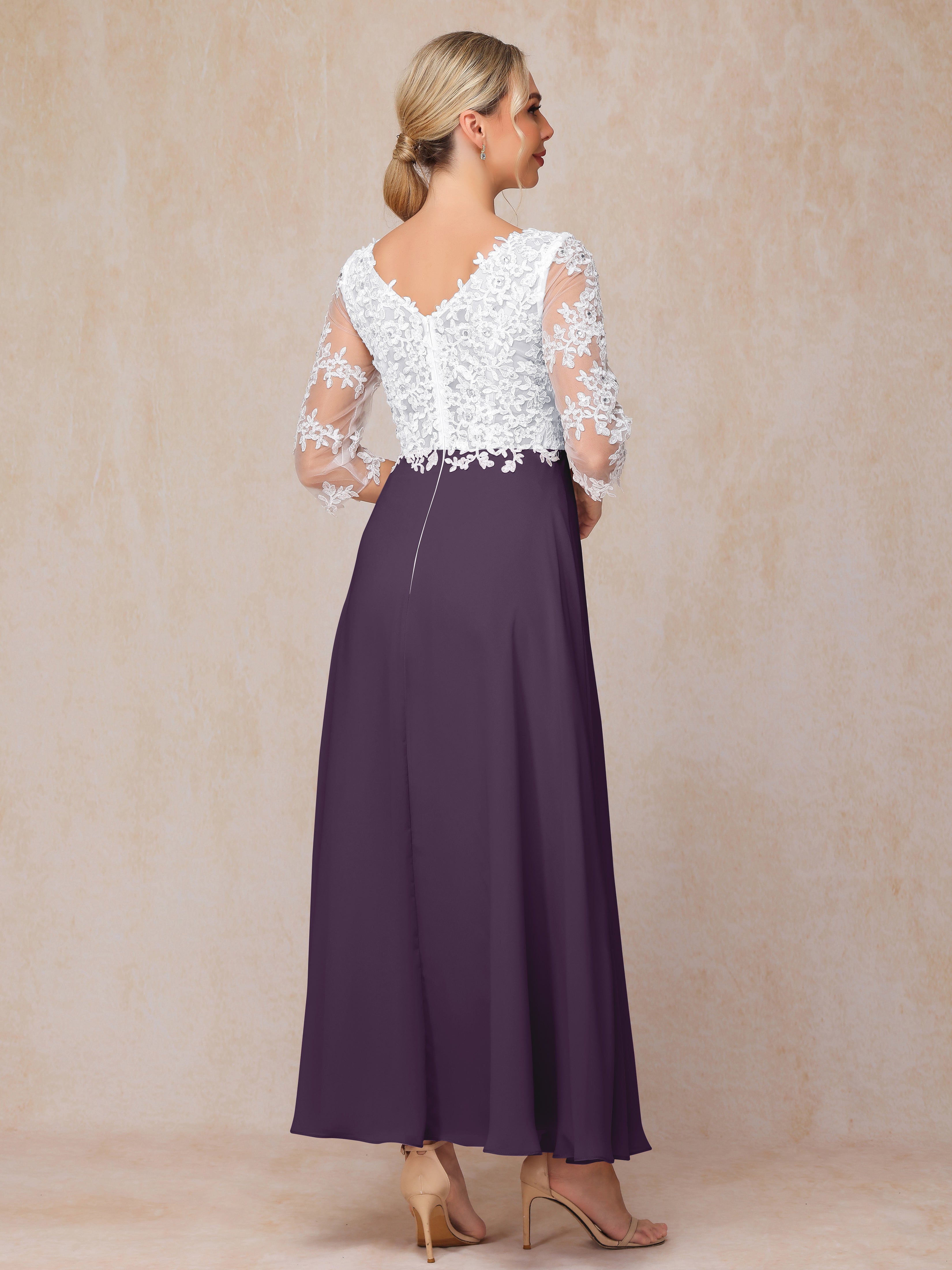 3/4 Sleeves A Line Ankle Length Chiffon Lace Wedding Guest Dresses