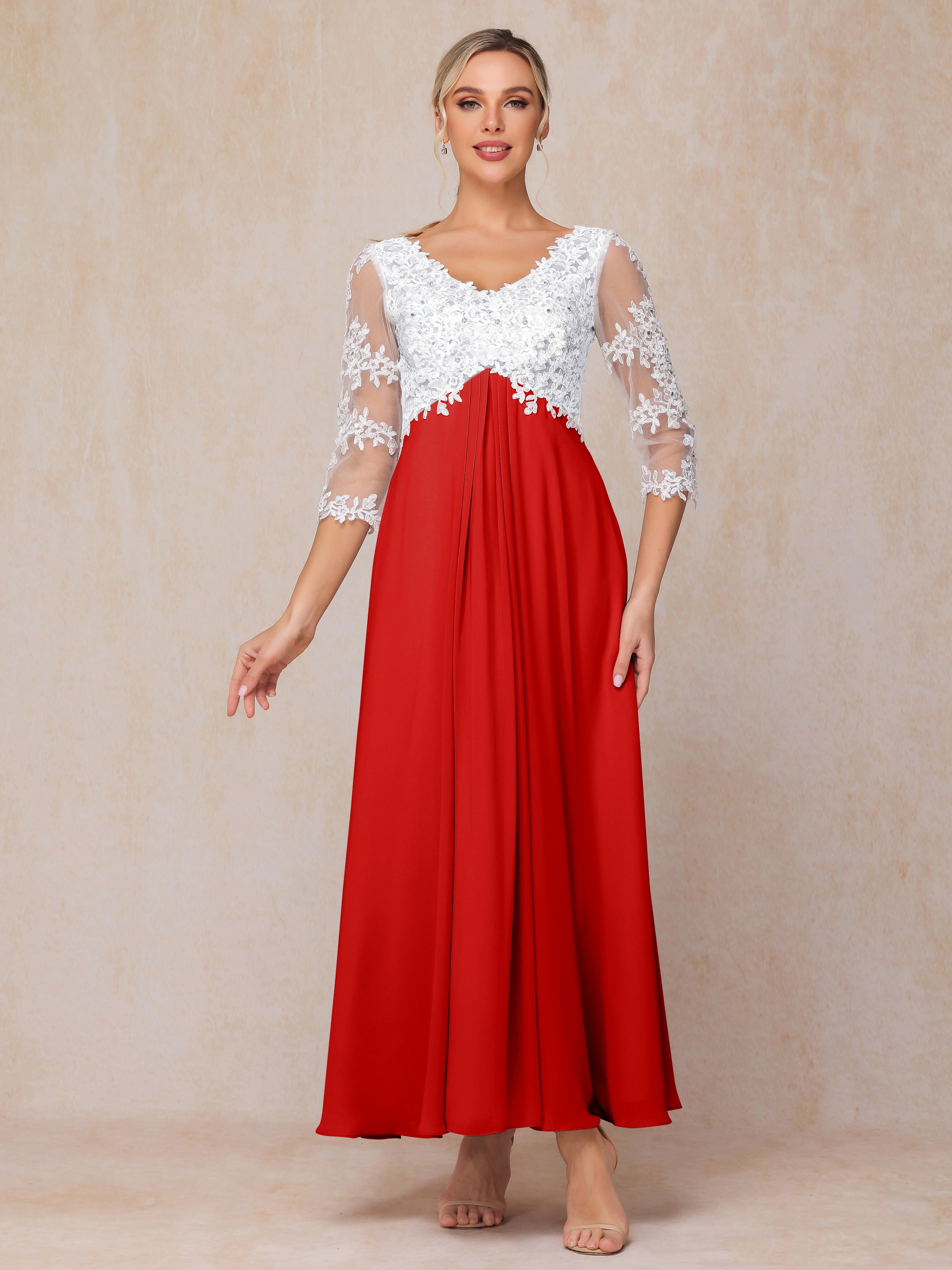 3/4 Sleeves A Line Ankle Length Chiffon Lace Wedding Guest Dresses