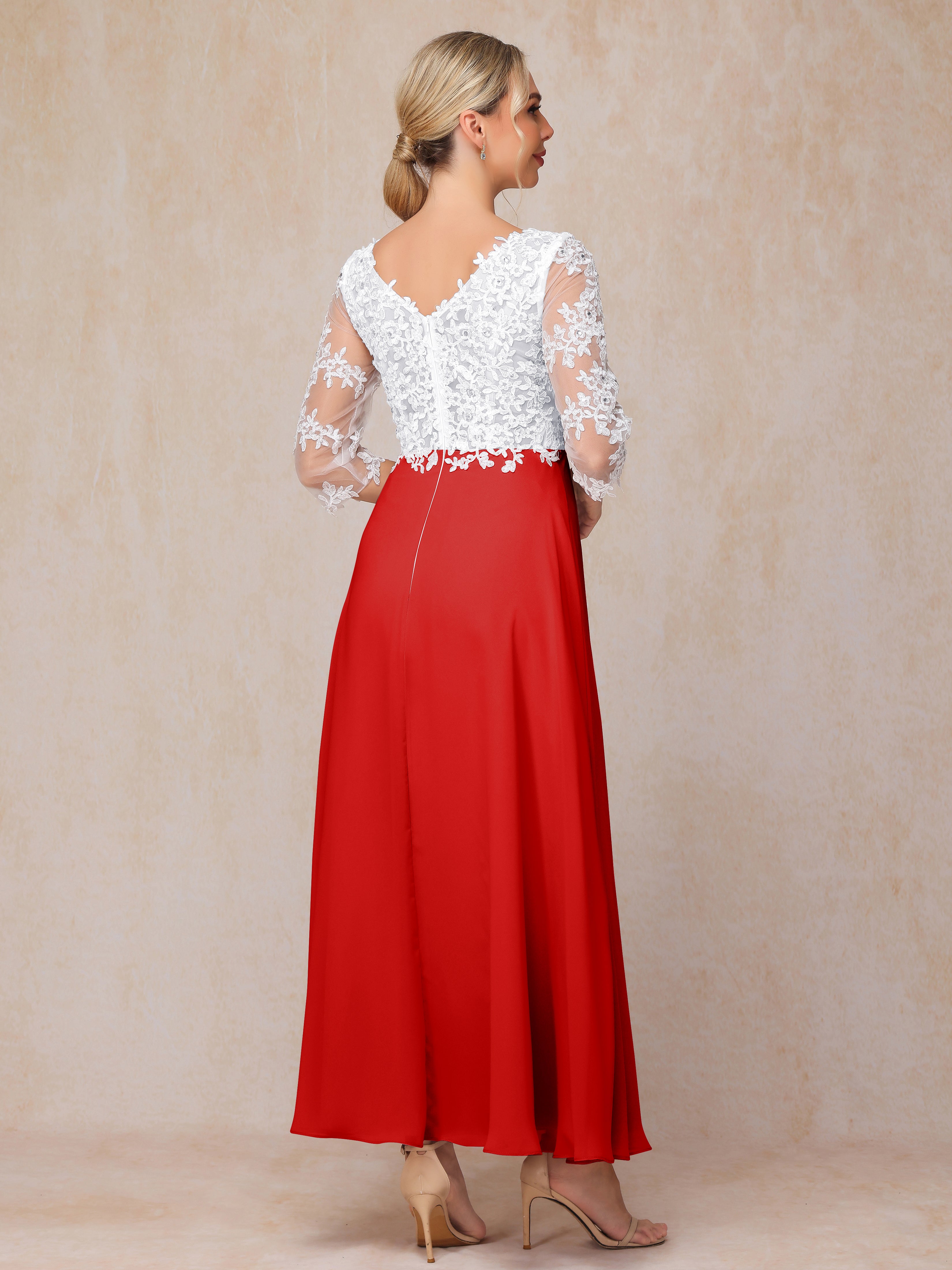 3/4 Sleeves A Line Ankle Length Chiffon Lace Wedding Guest Dresses
