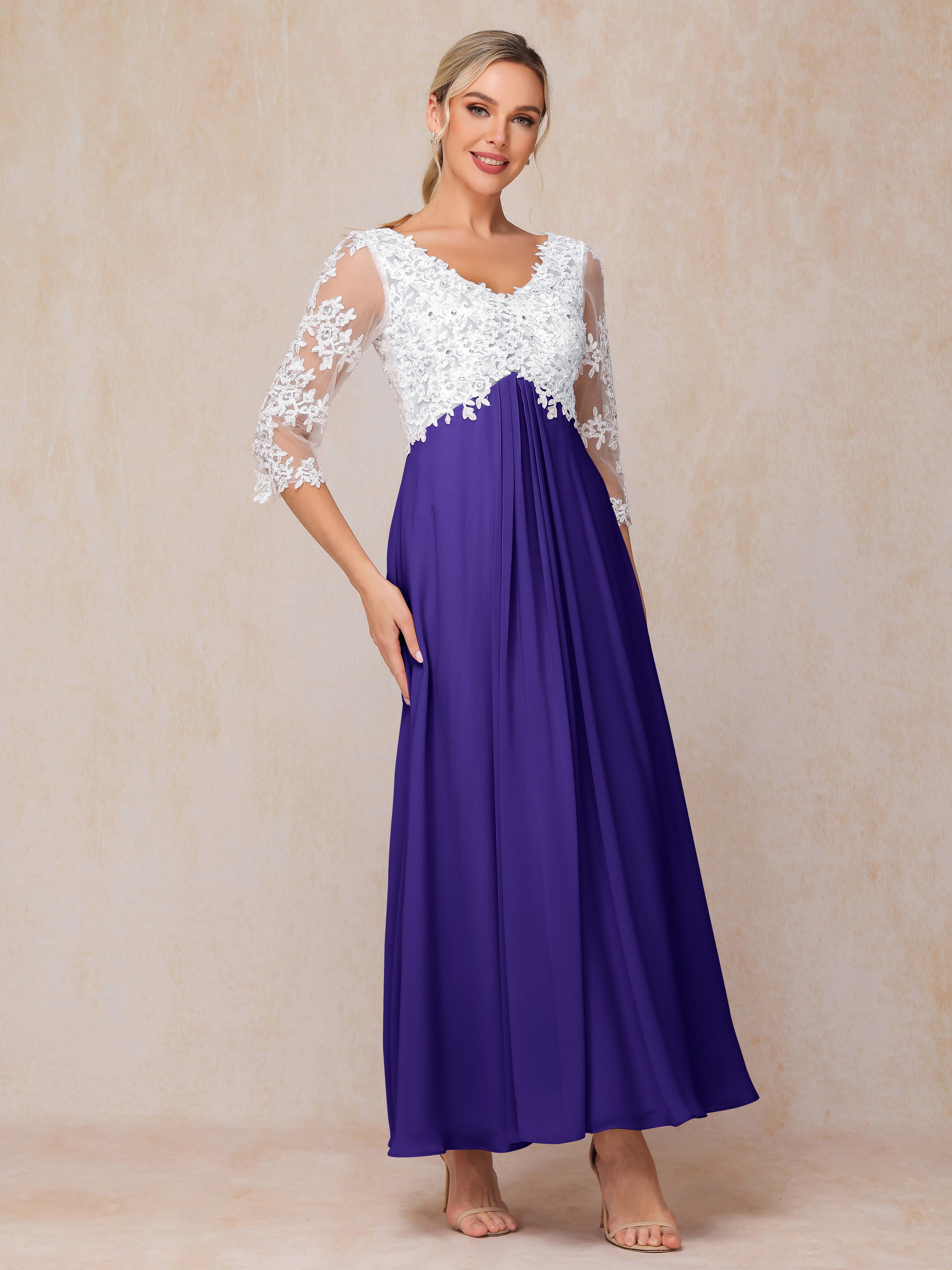3/4 Sleeves A Line Ankle Length Chiffon Lace Wedding Guest Dresses