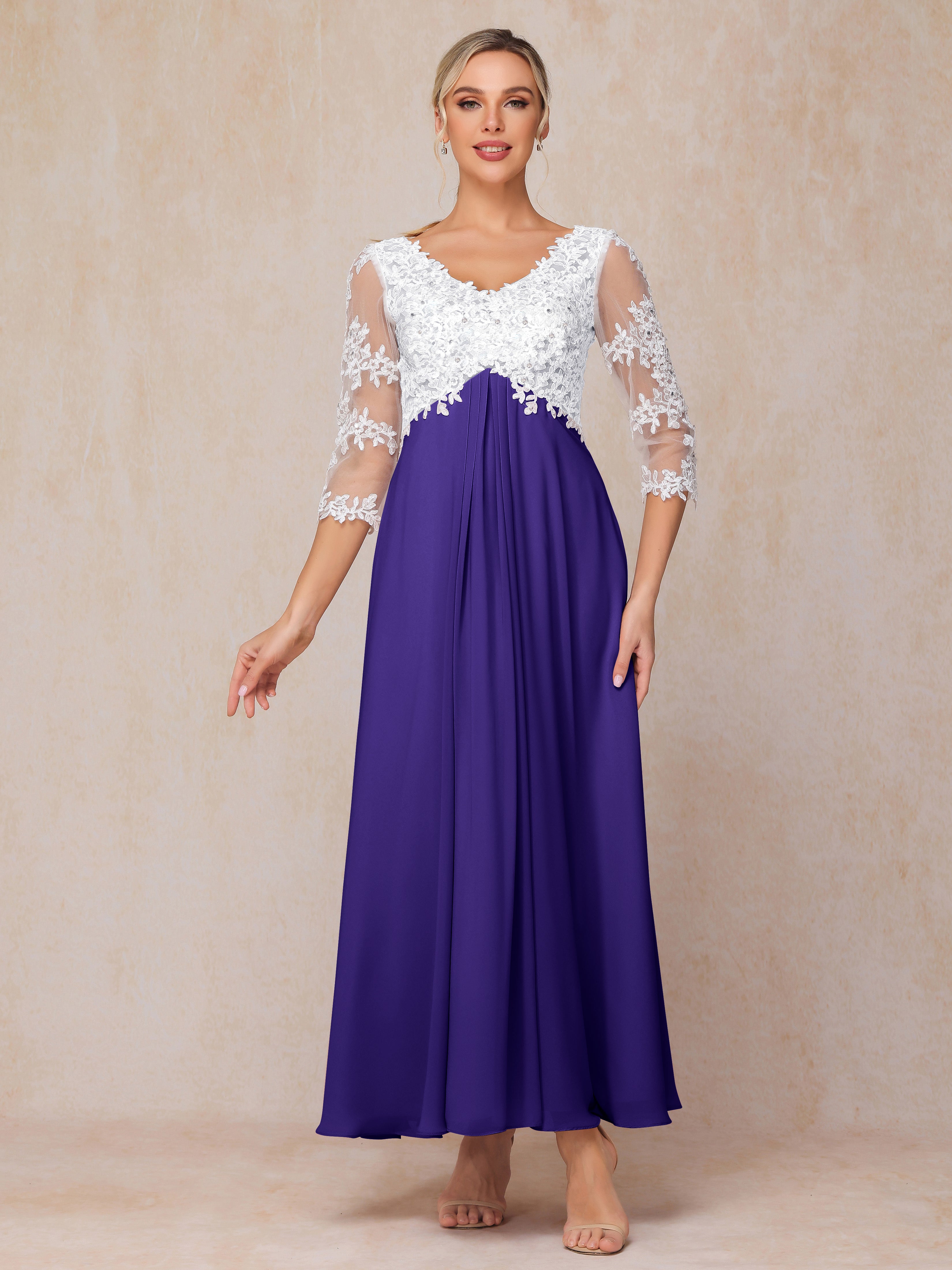3/4 Sleeves A Line Ankle Length Chiffon Lace Wedding Guest Dresses