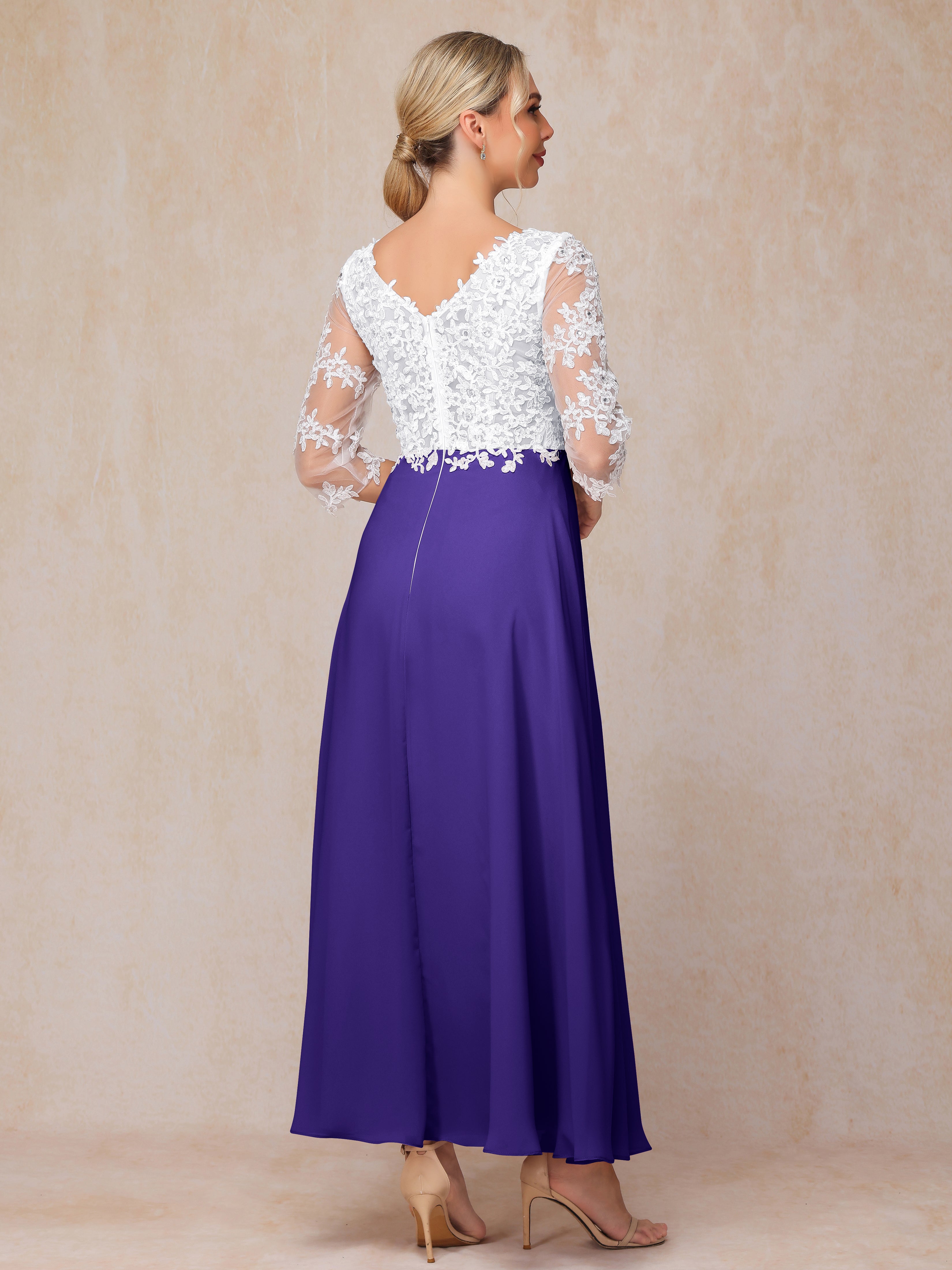 3/4 Sleeves A Line Ankle Length Chiffon Lace Wedding Guest Dresses