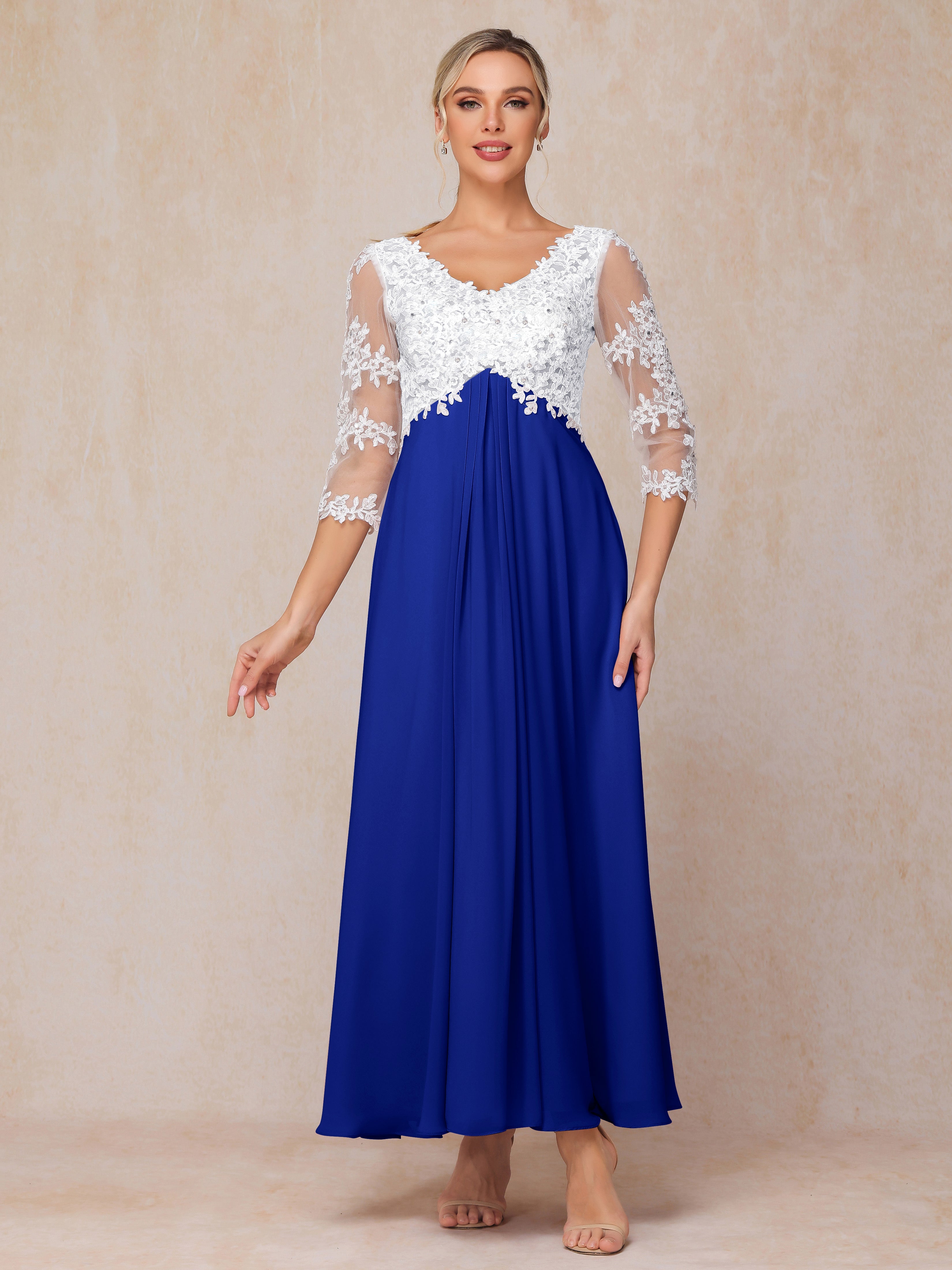 3/4 Sleeves A Line Ankle Length Chiffon Lace Wedding Guest Dresses