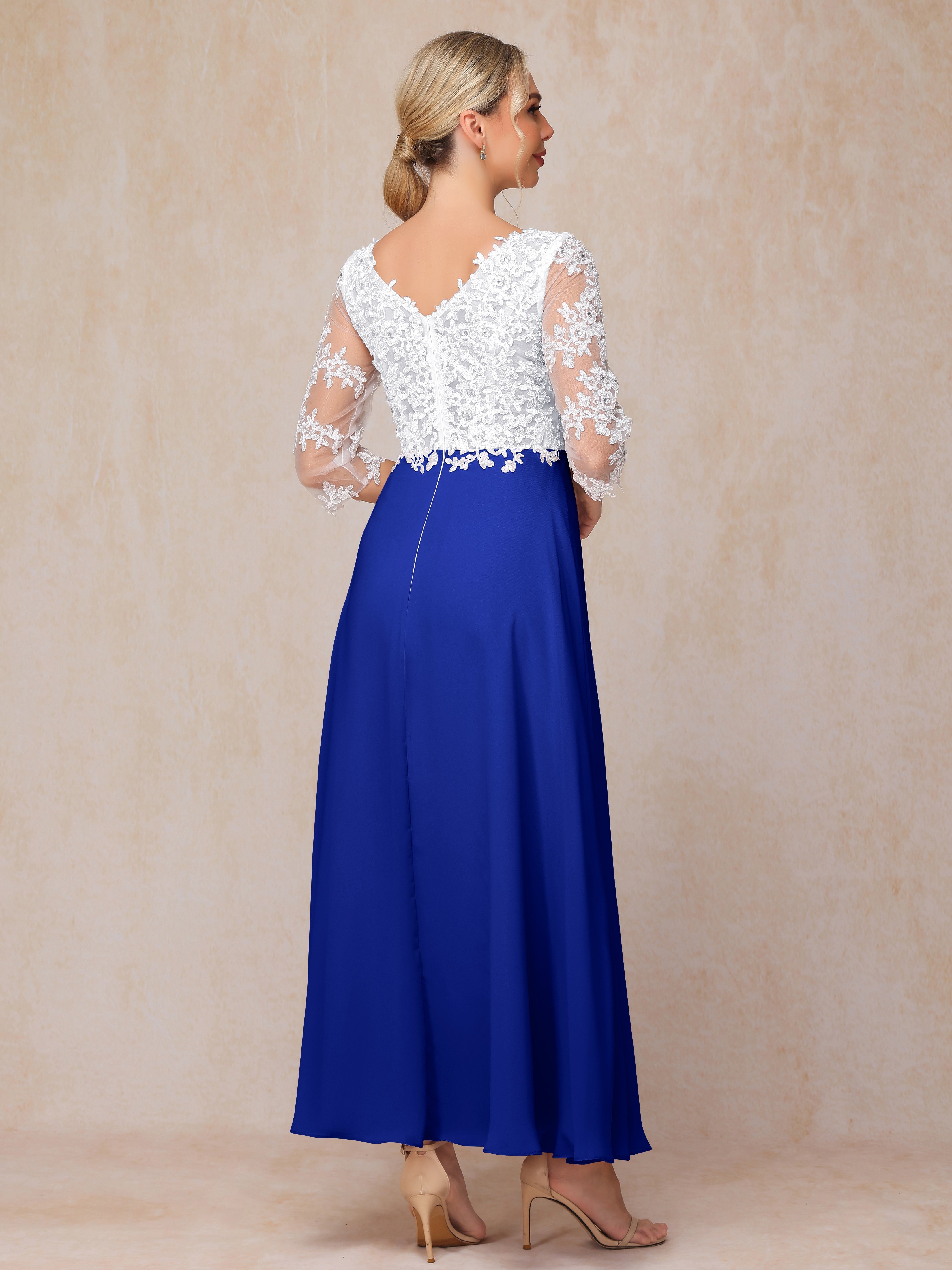 3/4 Sleeves A Line Ankle Length Chiffon Lace Wedding Guest Dresses