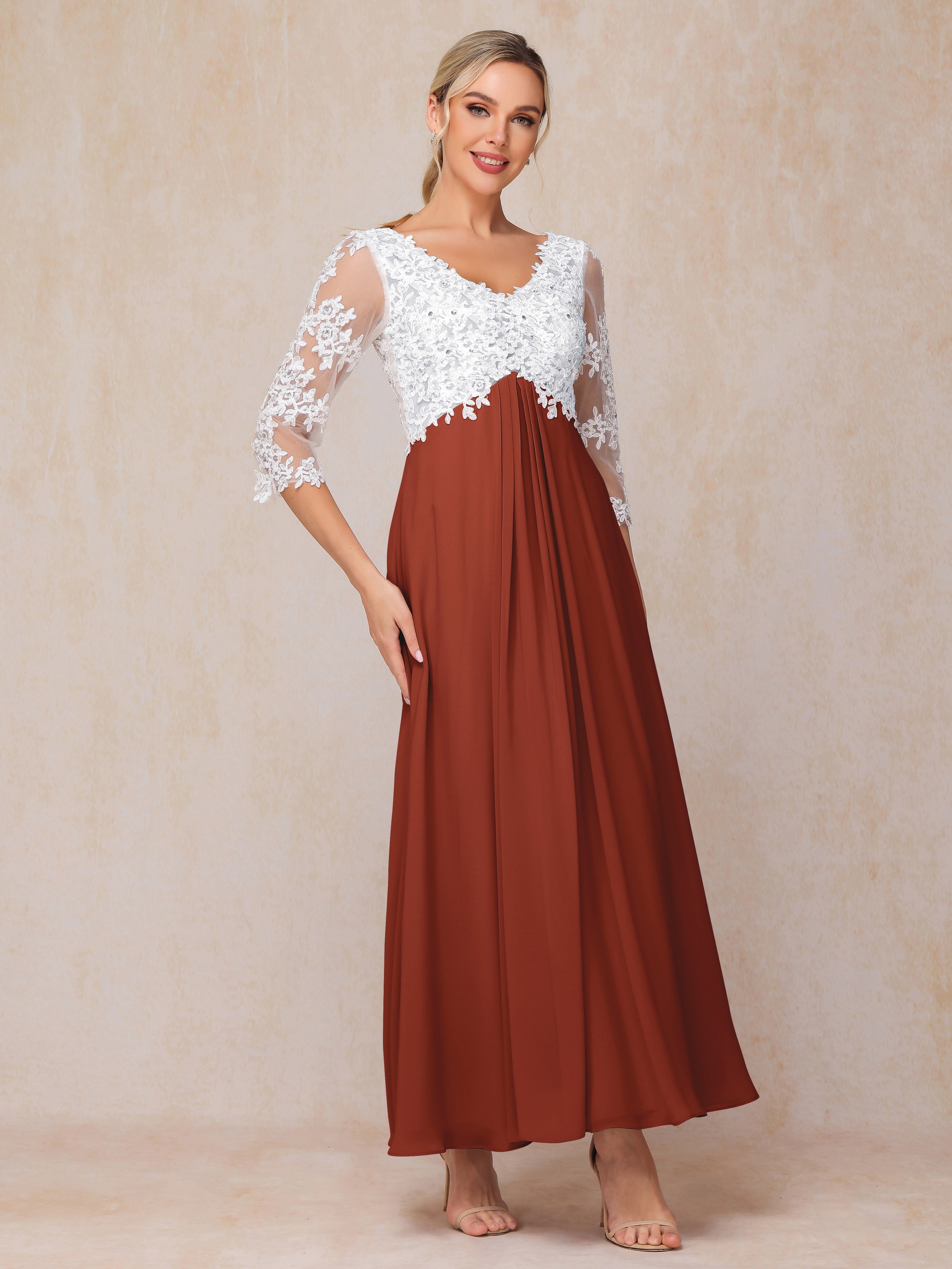 3/4 Sleeves A Line Ankle Length Chiffon Lace Wedding Guest Dresses