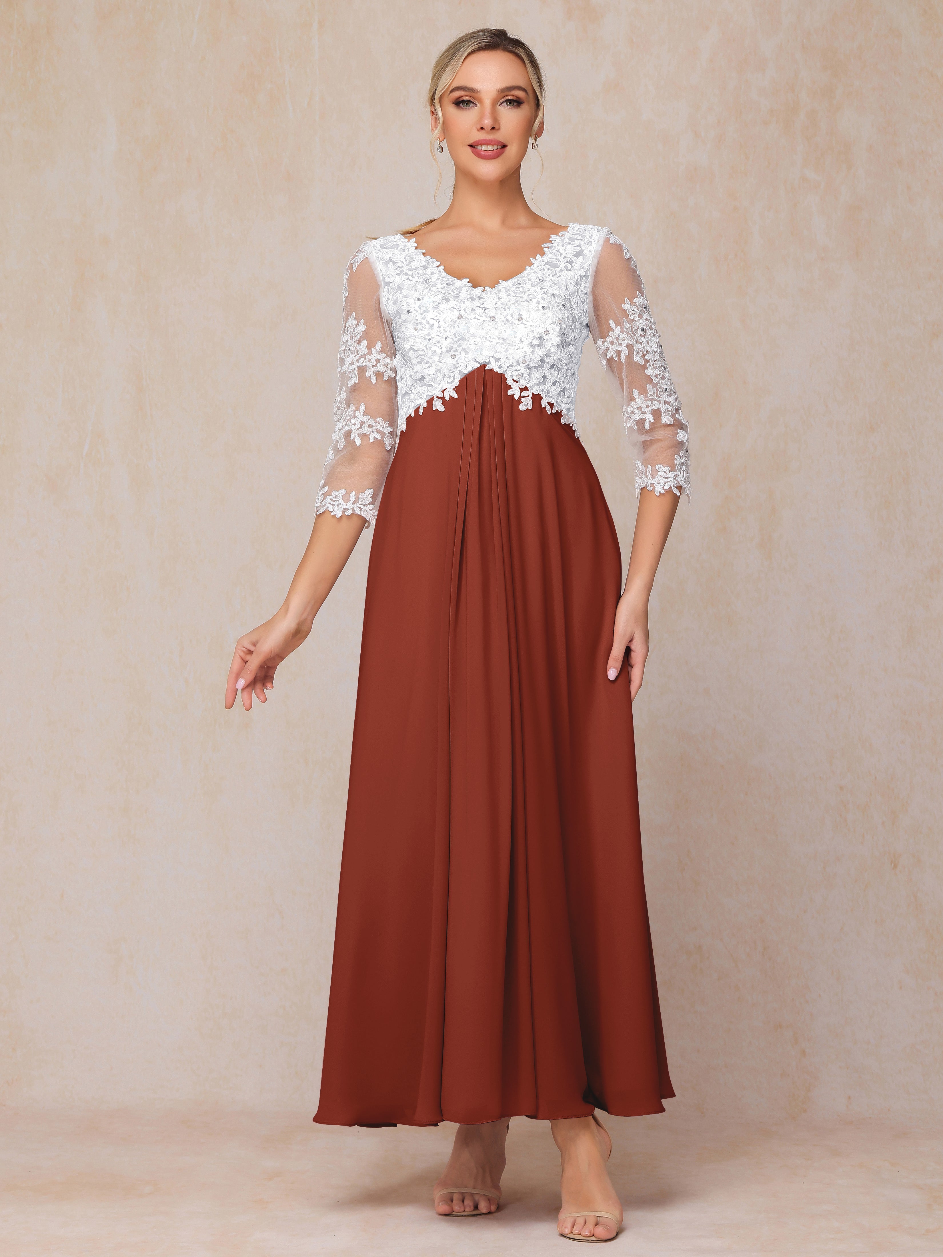 3/4 Sleeves A Line Ankle Length Chiffon Lace Wedding Guest Dresses