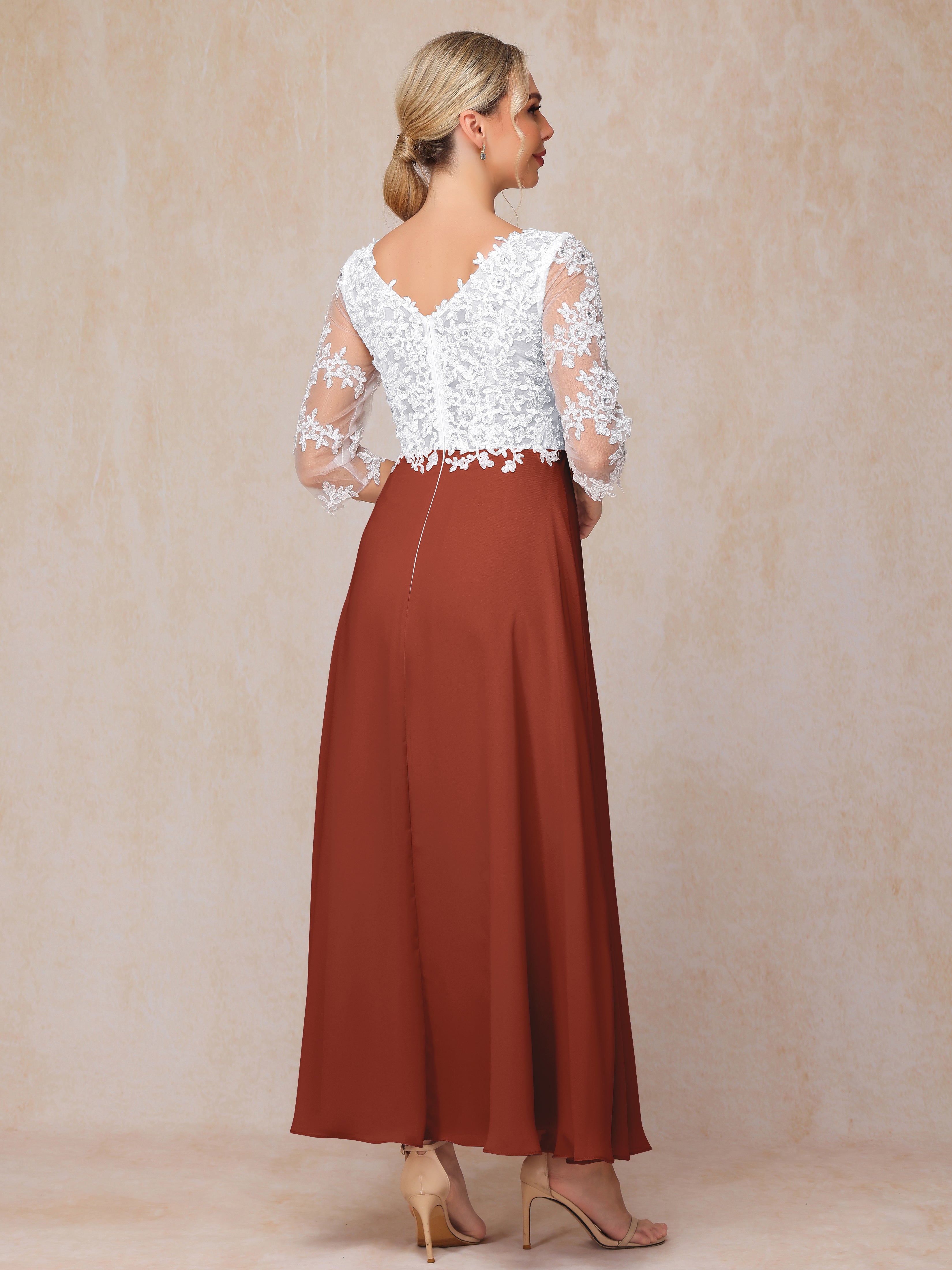 3/4 Sleeves A Line Ankle Length Chiffon Lace Wedding Guest Dresses