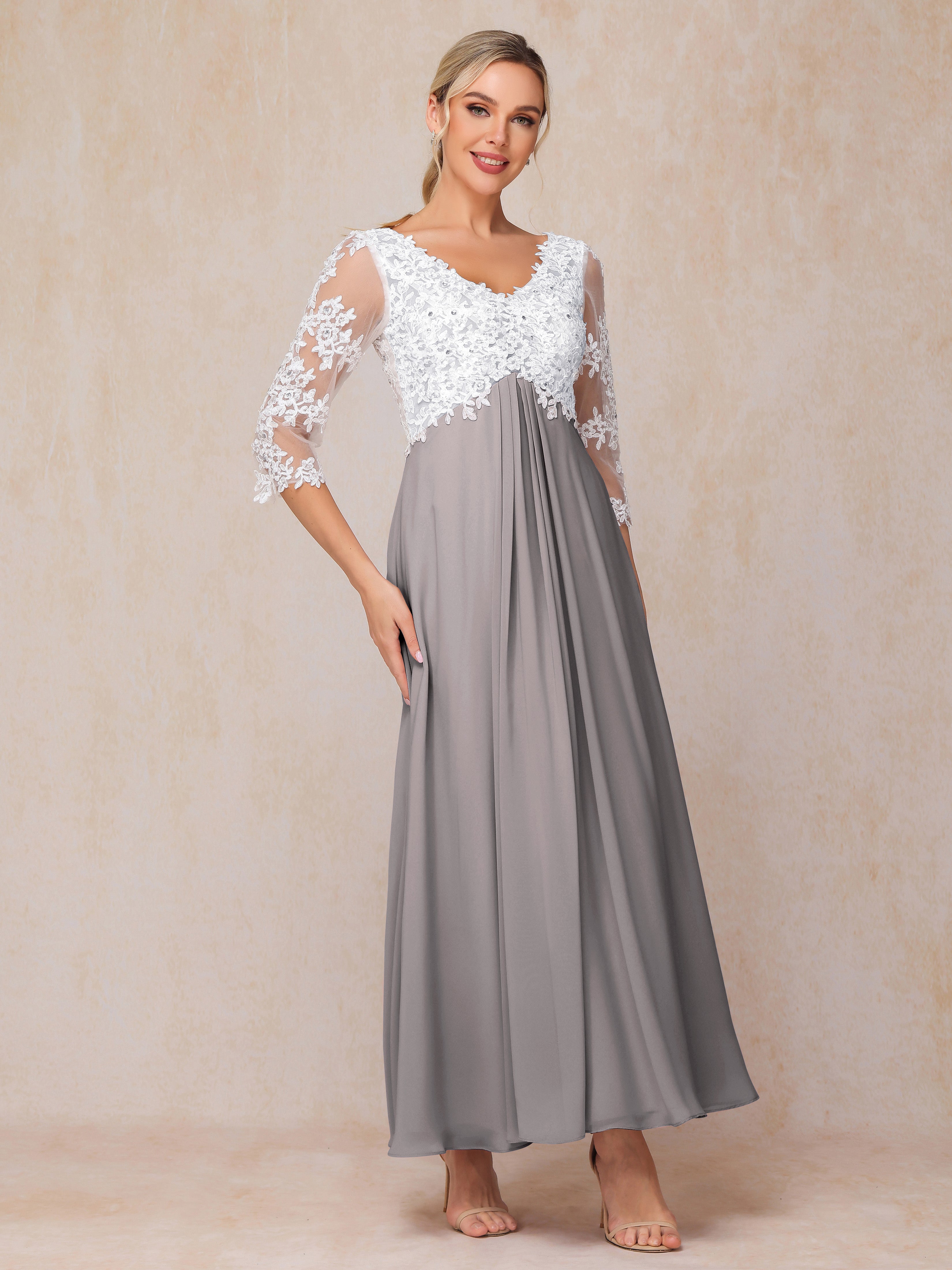 3/4 Sleeves A Line Ankle Length Chiffon Lace Wedding Guest Dresses
