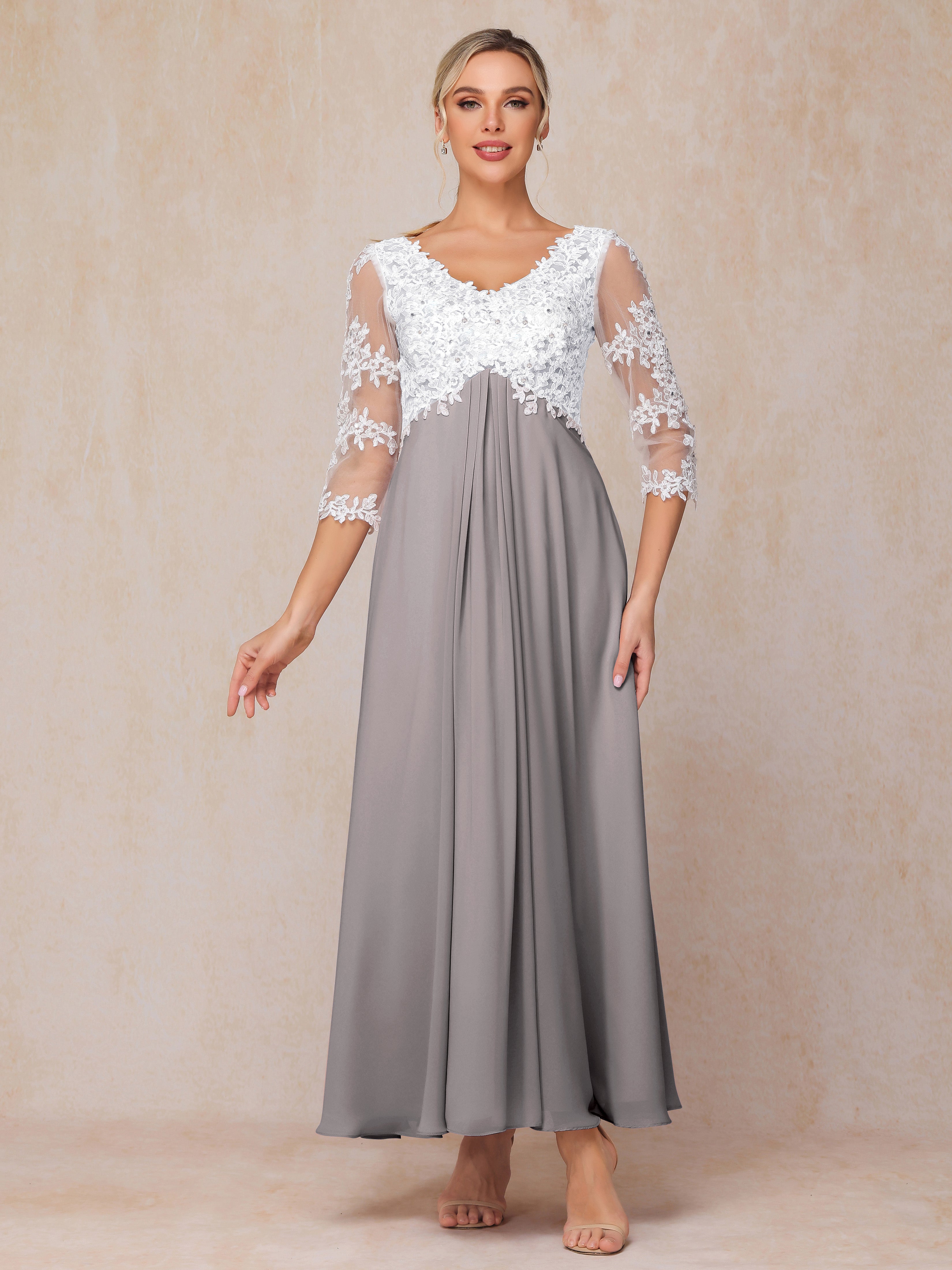3/4 Sleeves A Line Ankle Length Chiffon Lace Wedding Guest Dresses