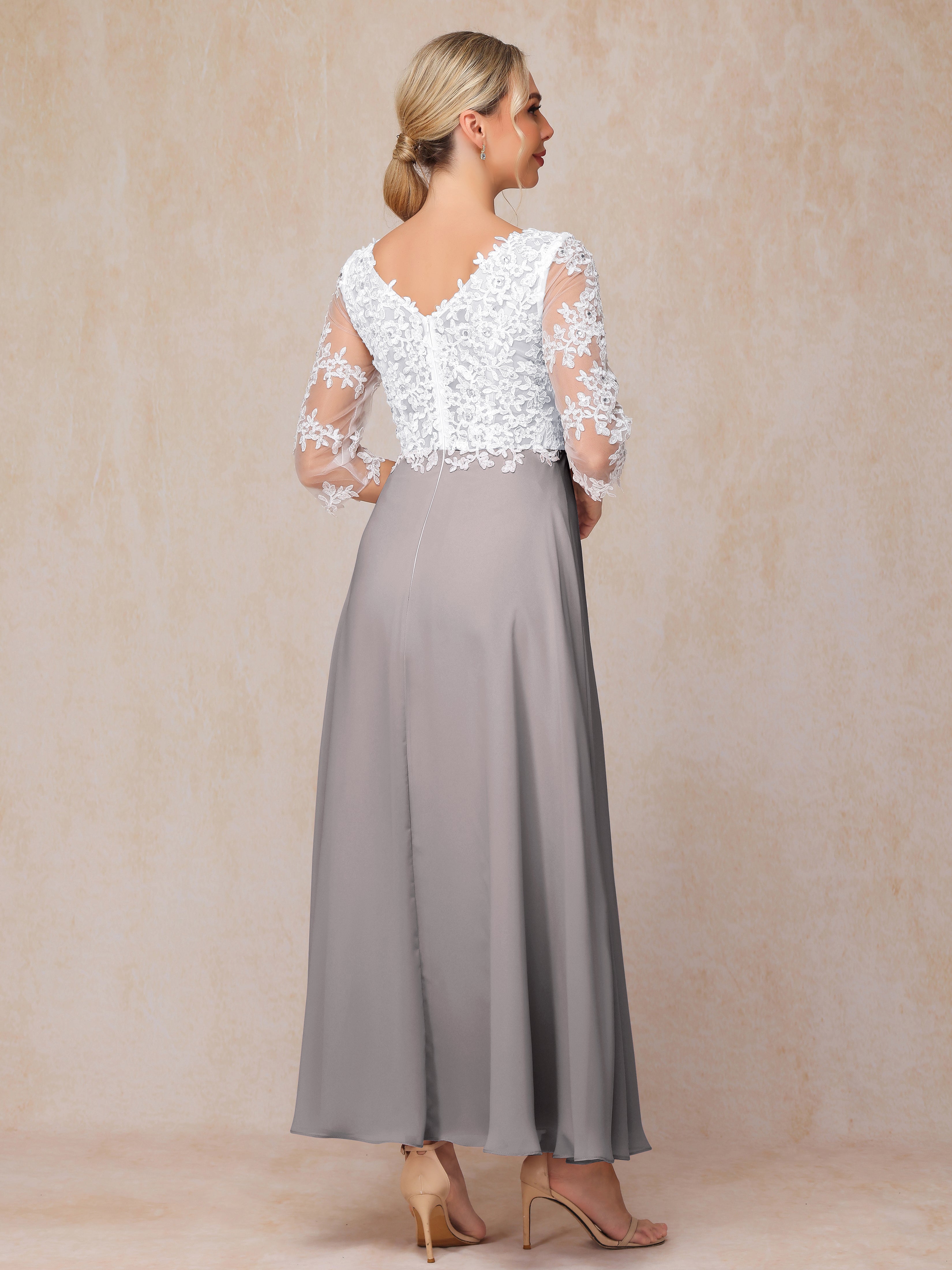 3/4 Sleeves A Line Ankle Length Chiffon Lace Wedding Guest Dresses