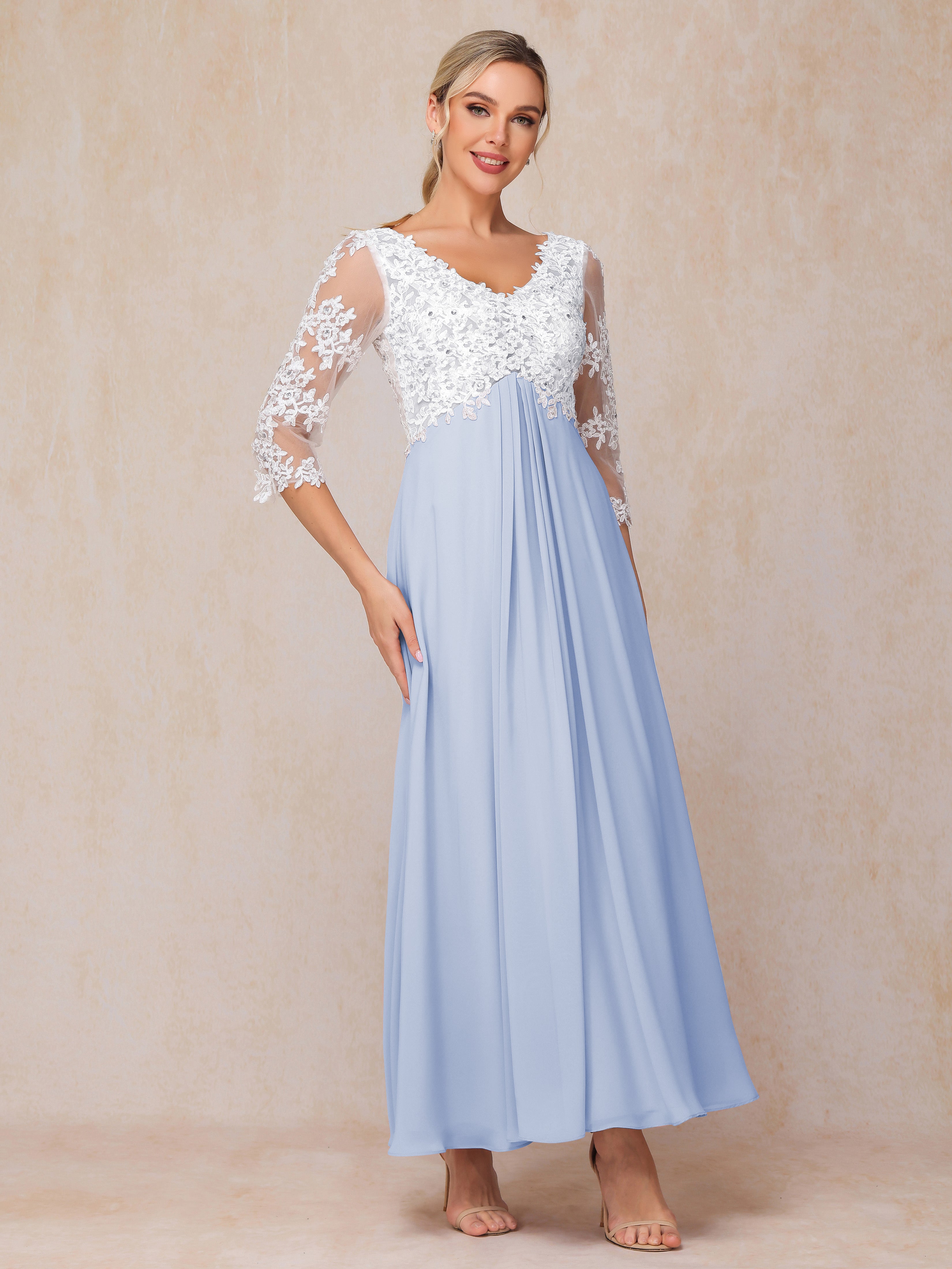 3/4 Sleeves A Line Ankle Length Chiffon Lace Wedding Guest Dresses