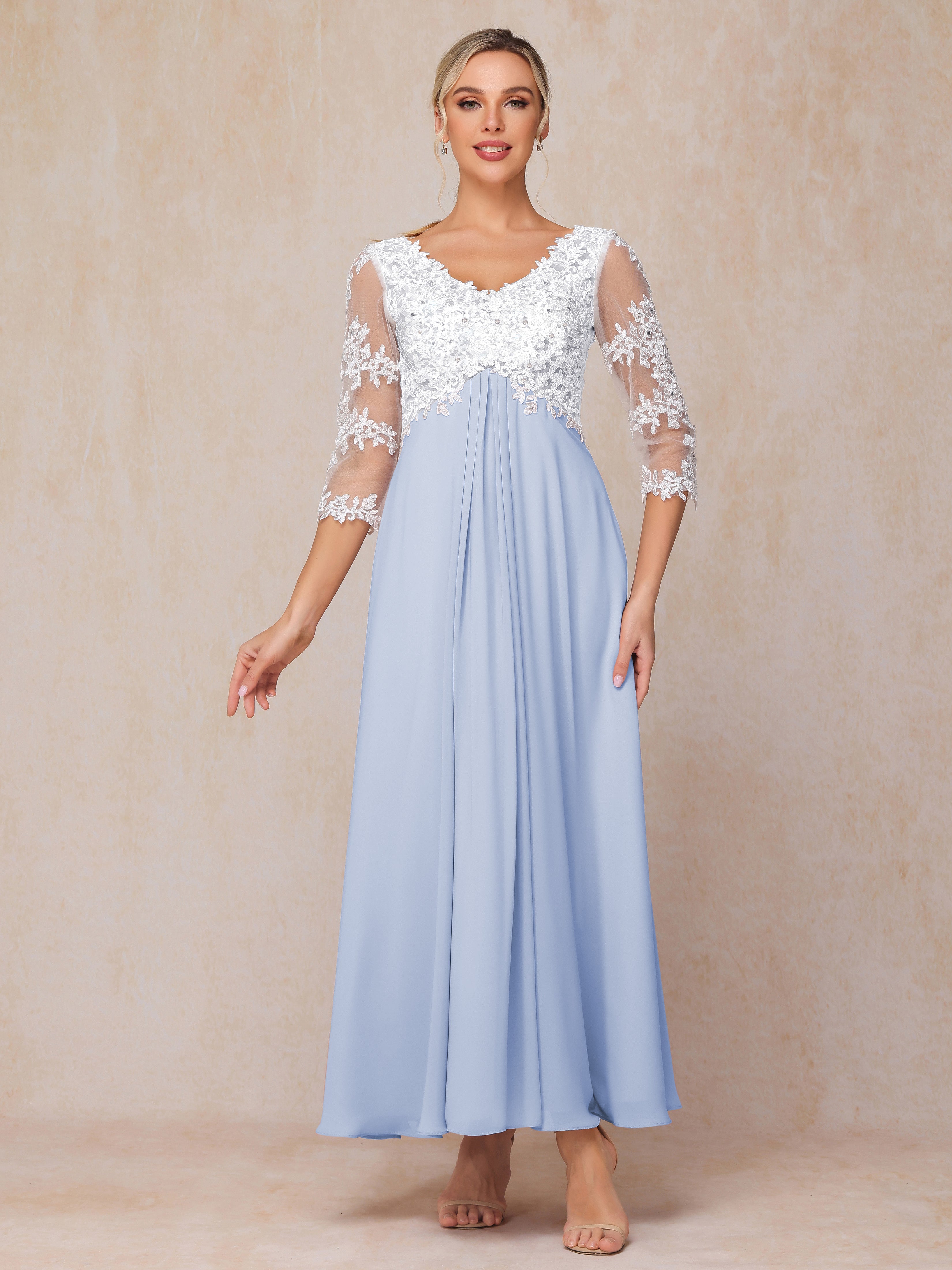 3/4 Sleeves A Line Ankle Length Chiffon Lace Wedding Guest Dresses