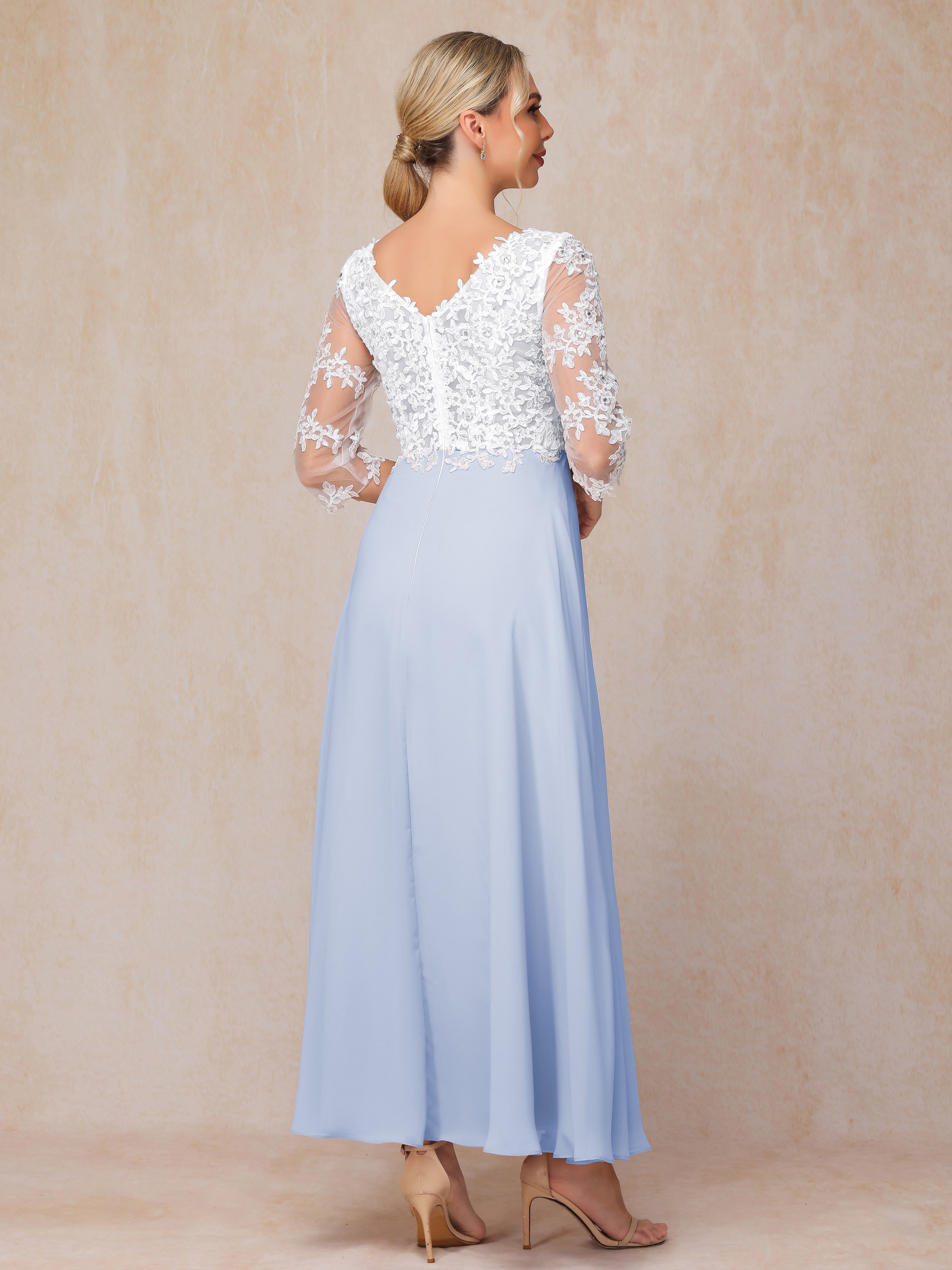 3/4 Sleeves A Line Ankle Length Chiffon Lace Wedding Guest Dresses