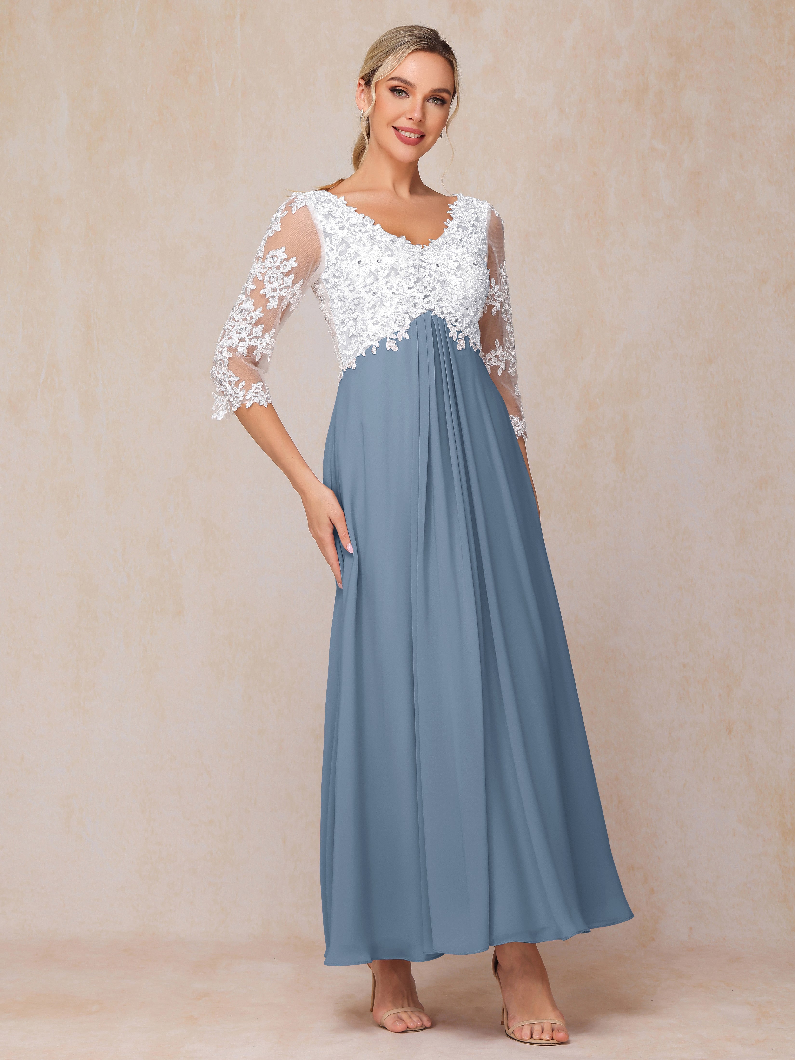 3/4 Sleeves A Line Ankle Length Chiffon Lace Wedding Guest Dresses