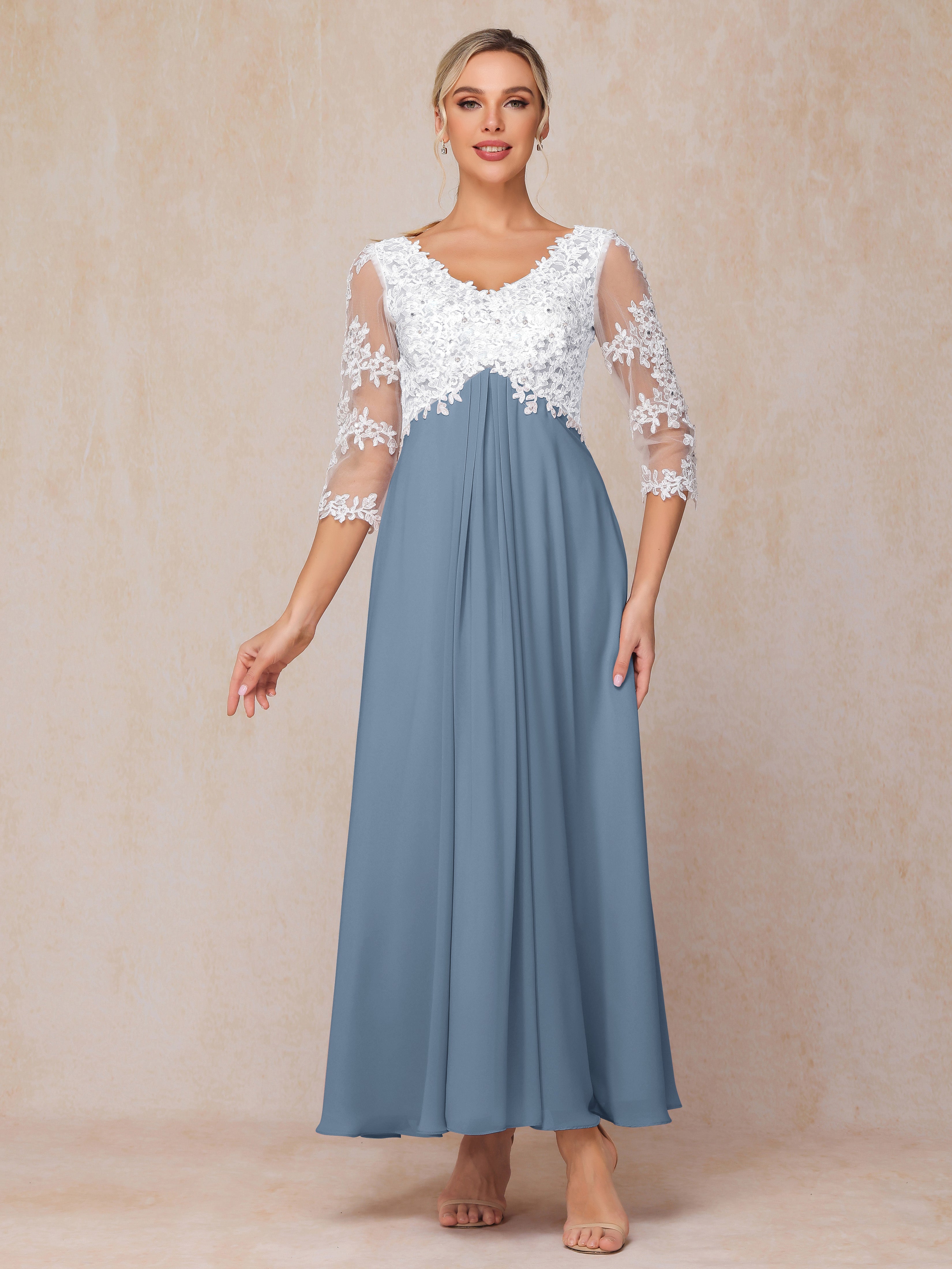 3/4 Sleeves A Line Ankle Length Chiffon Lace Wedding Guest Dresses