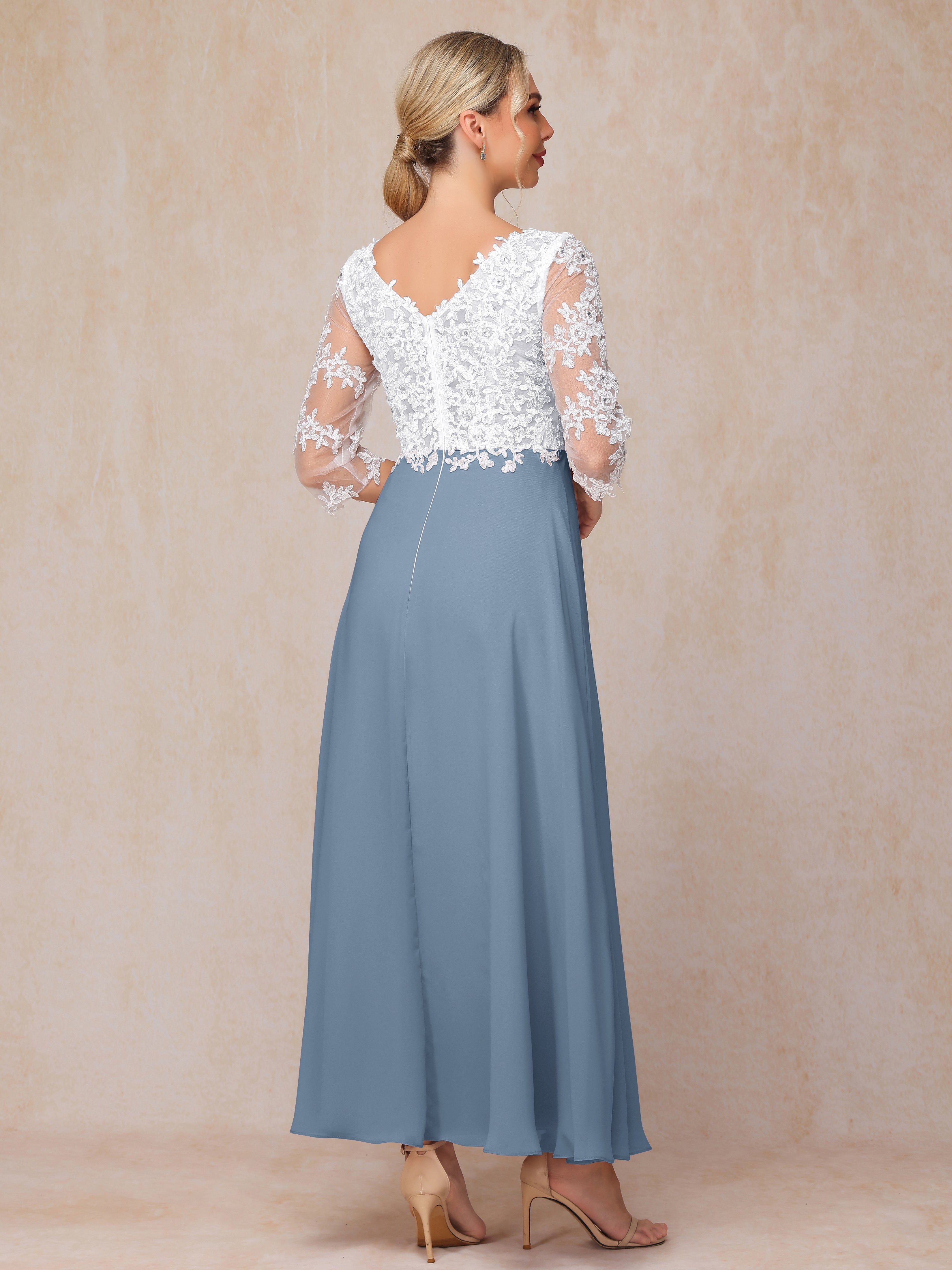 3/4 Sleeves A Line Ankle Length Chiffon Lace Wedding Guest Dresses