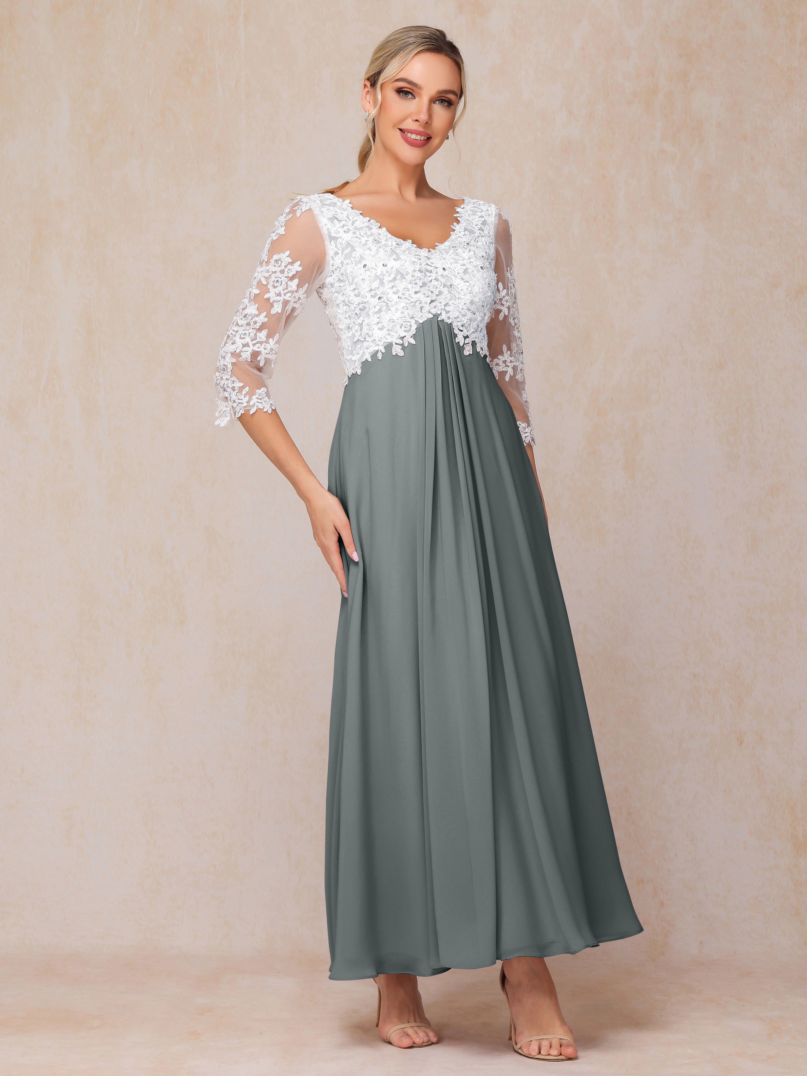 3/4 Sleeves A Line Ankle Length Chiffon Lace Wedding Guest Dresses