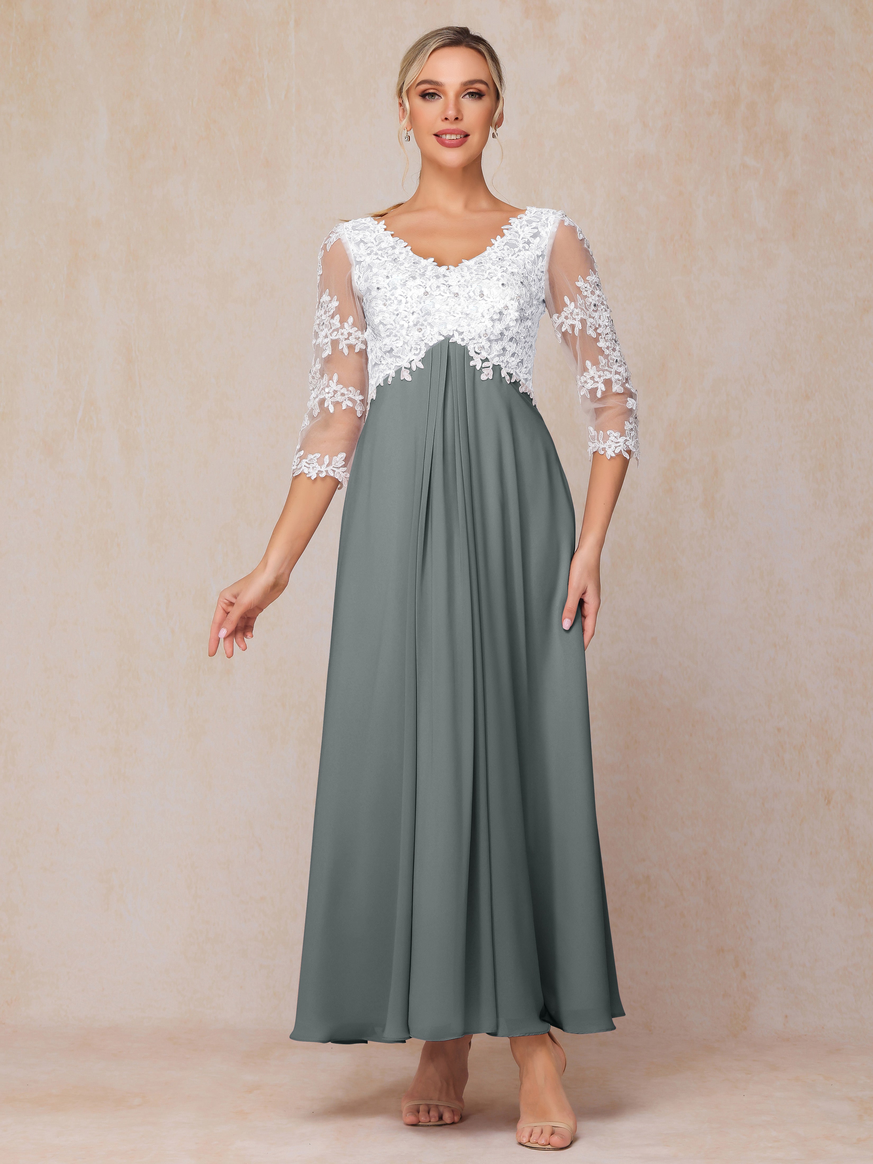 3/4 Sleeves A Line Ankle Length Chiffon Lace Wedding Guest Dresses