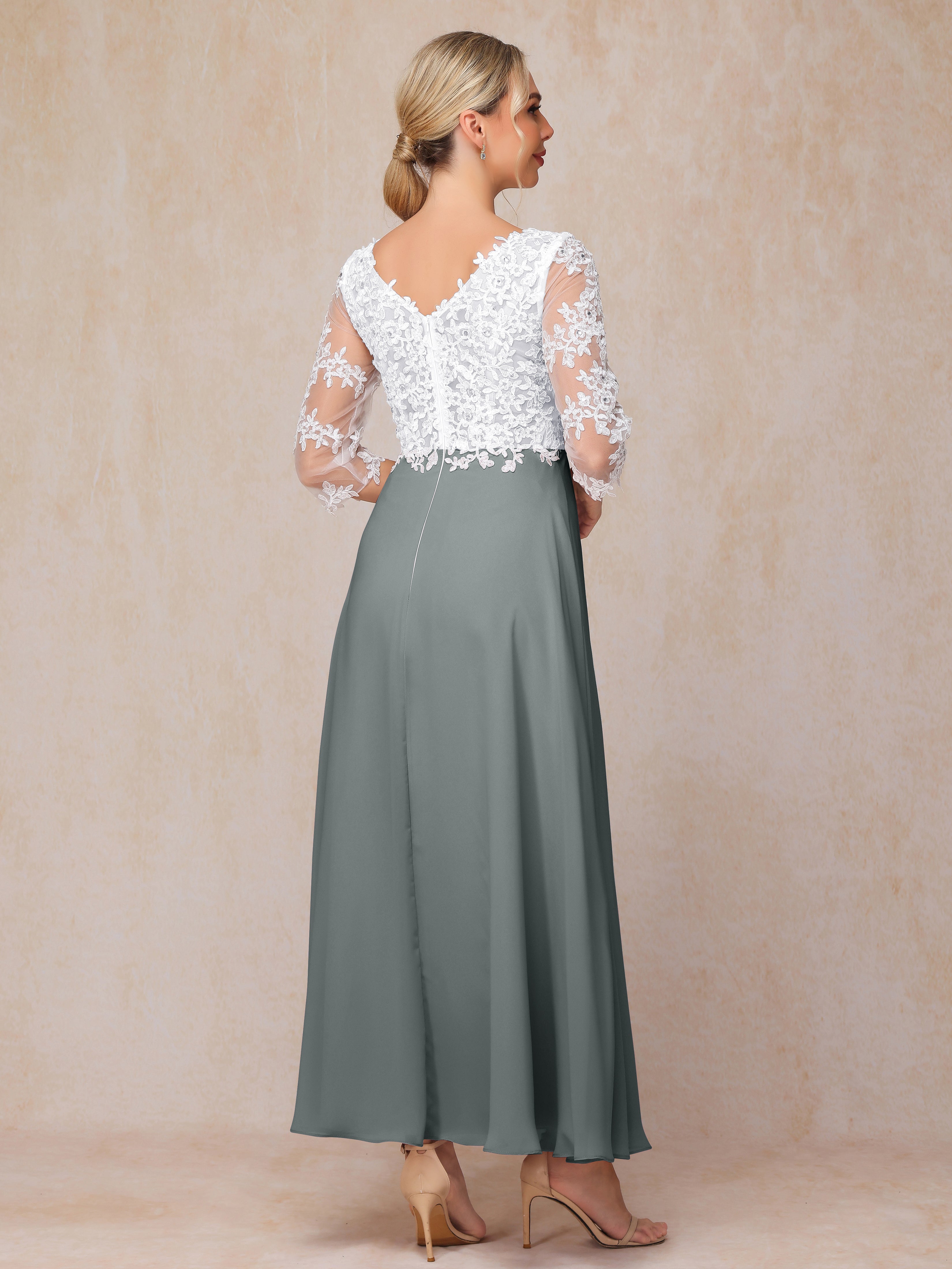 3/4 Sleeves A Line Ankle Length Chiffon Lace Wedding Guest Dresses