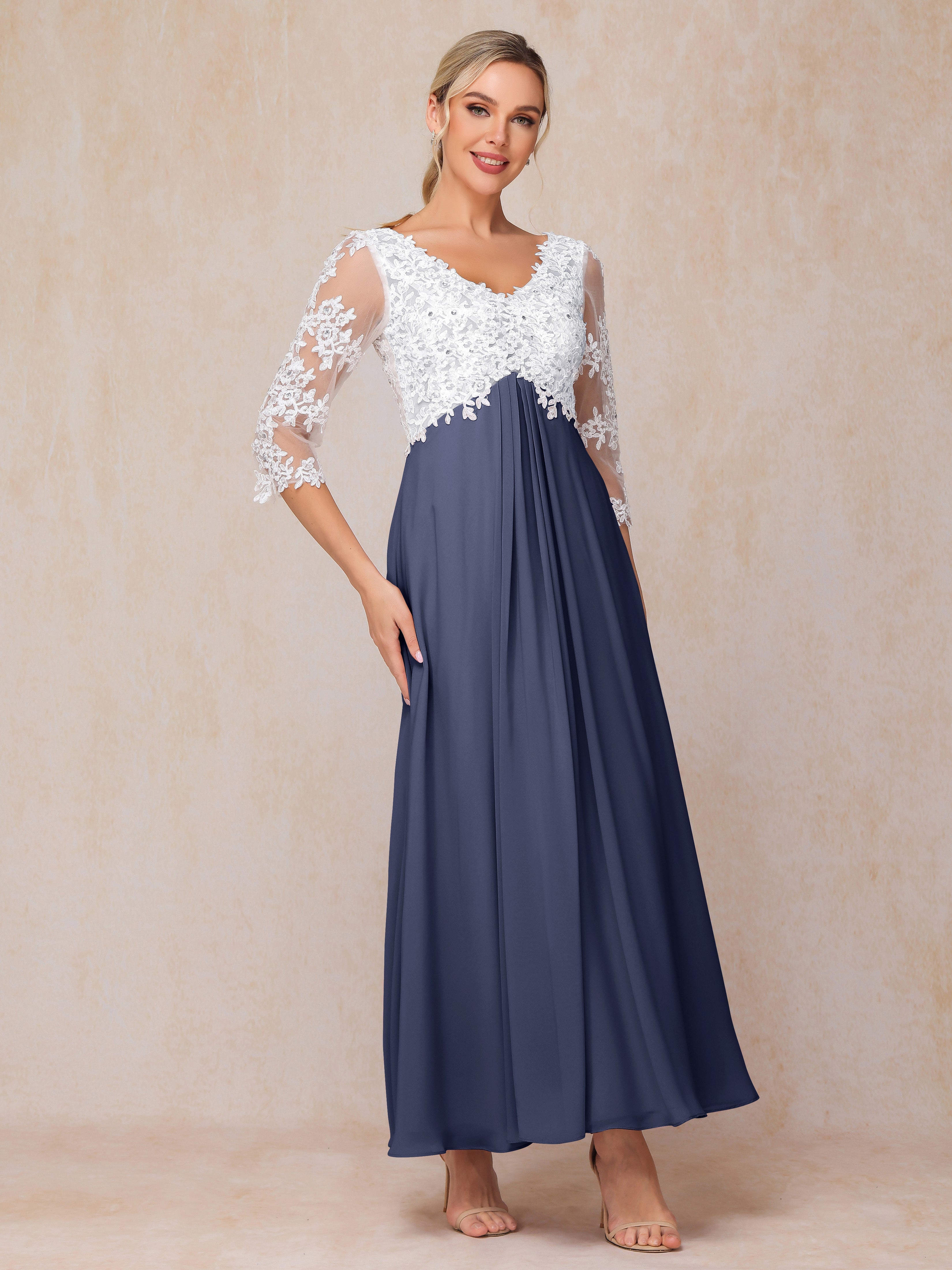 3/4 Sleeves A Line Ankle Length Chiffon Lace Wedding Guest Dresses