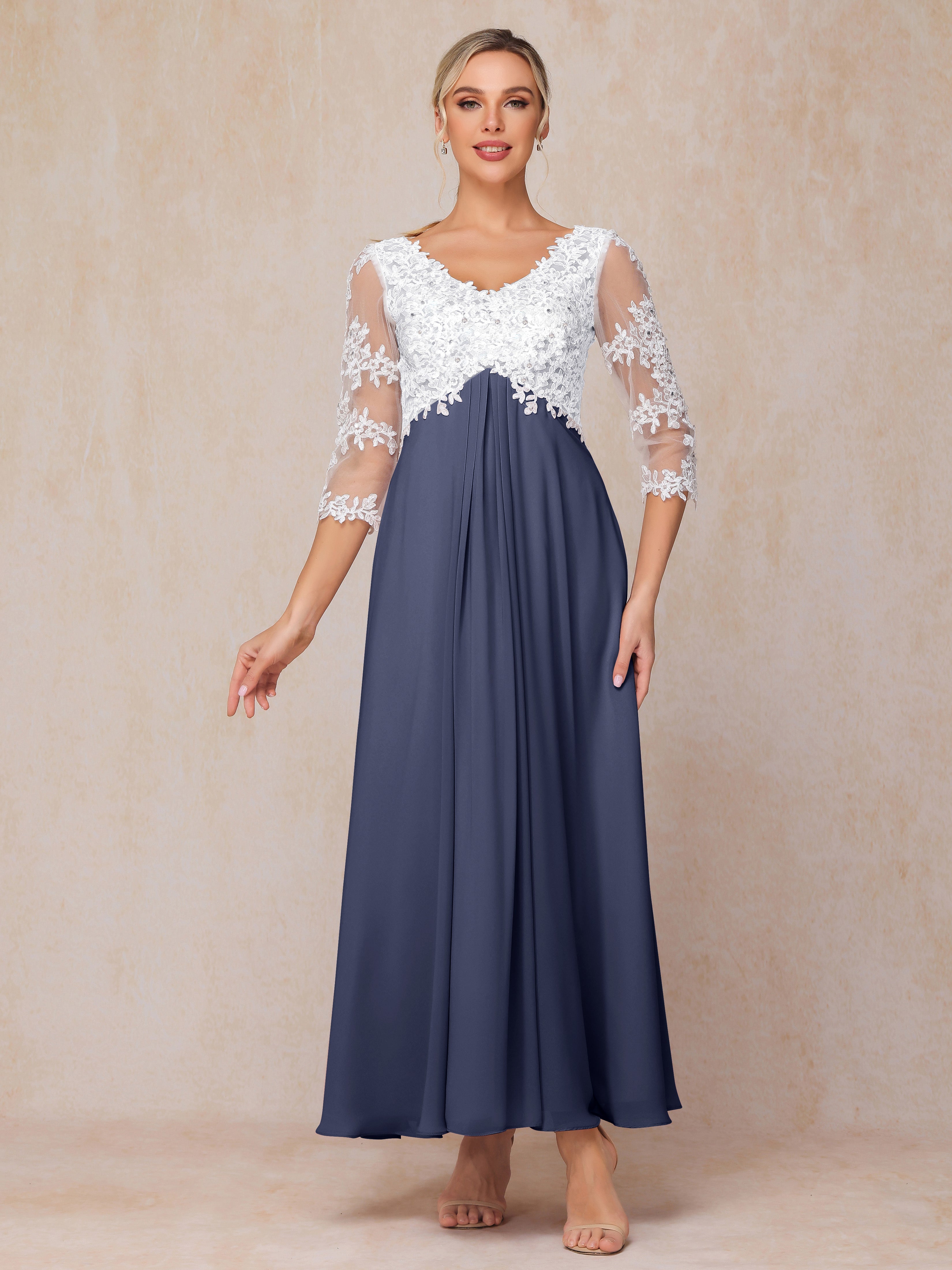 3/4 Sleeves A Line Ankle Length Chiffon Lace Wedding Guest Dresses