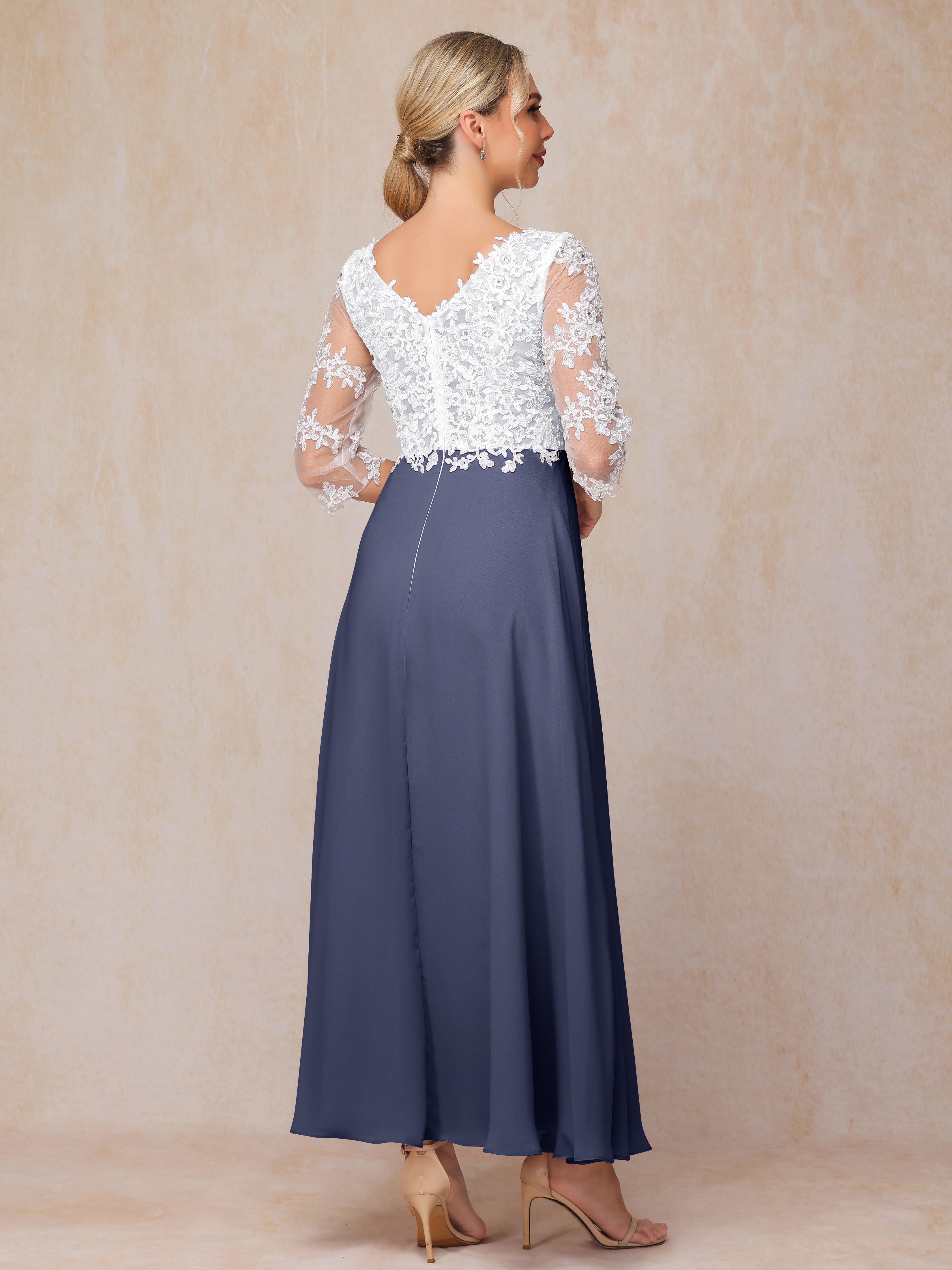 3/4 Sleeves A Line Ankle Length Chiffon Lace Wedding Guest Dresses