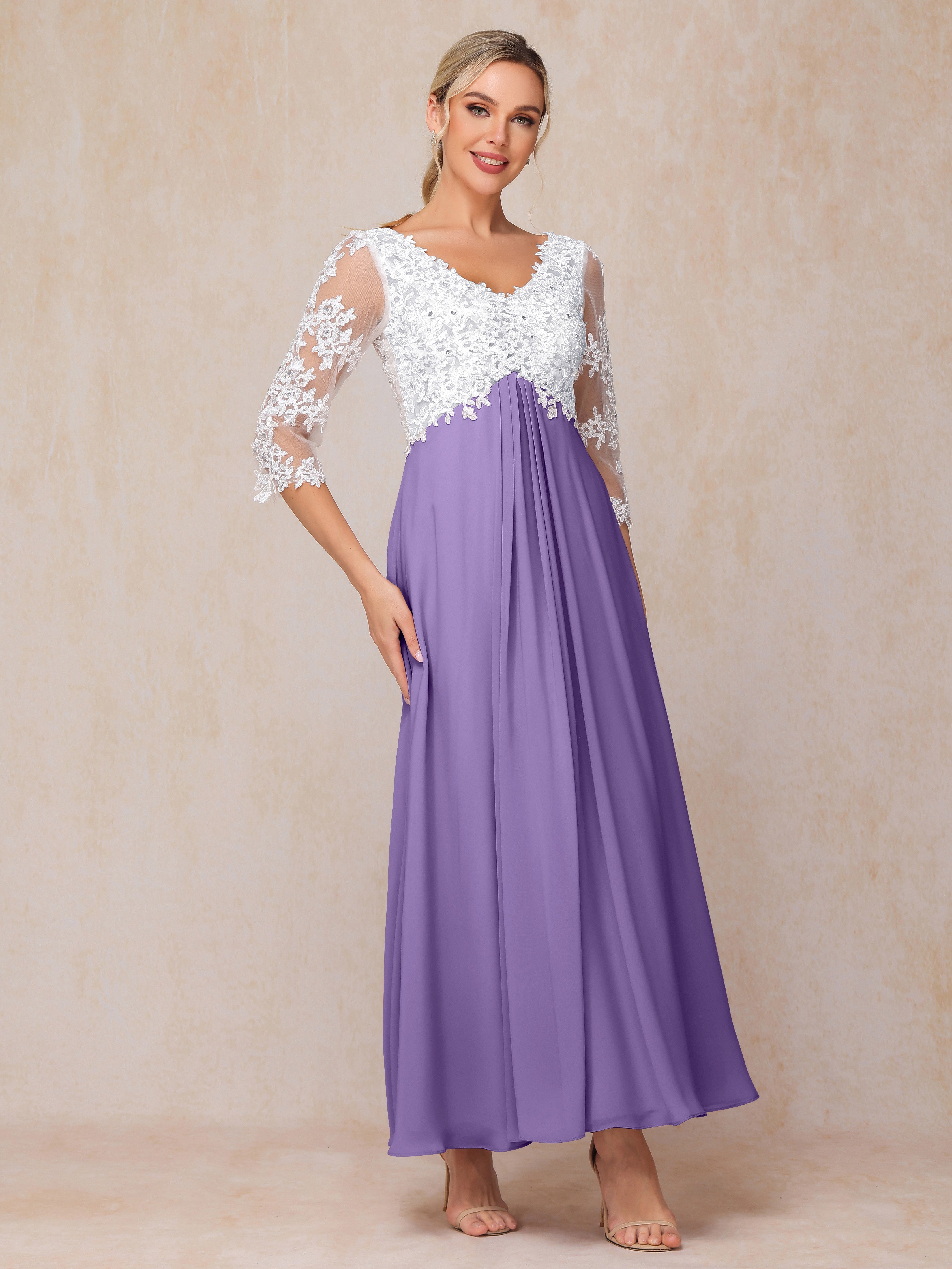 3/4 Sleeves A Line Ankle Length Chiffon Lace Wedding Guest Dresses