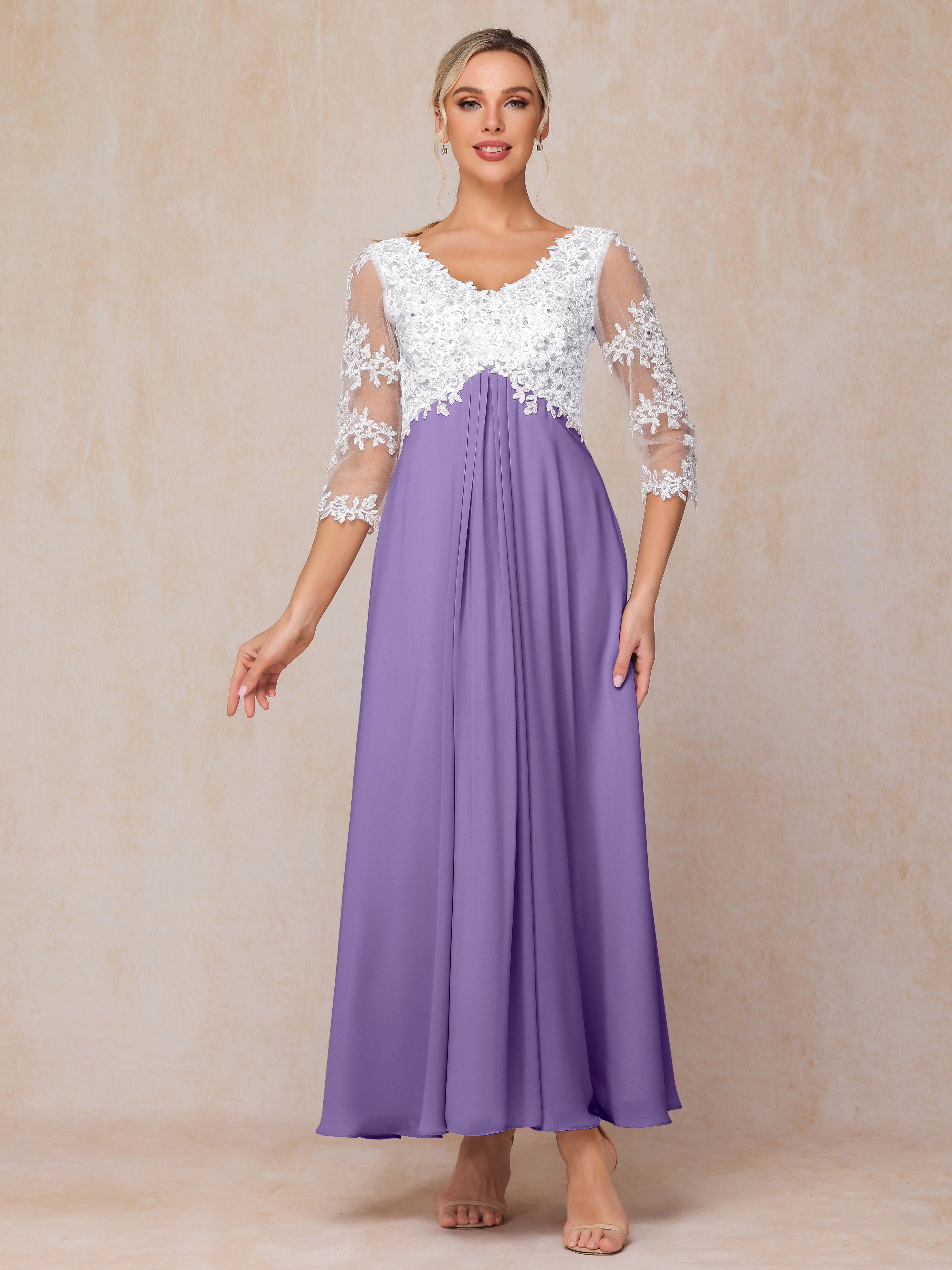 3/4 Sleeves A Line Ankle Length Chiffon Lace Wedding Guest Dresses