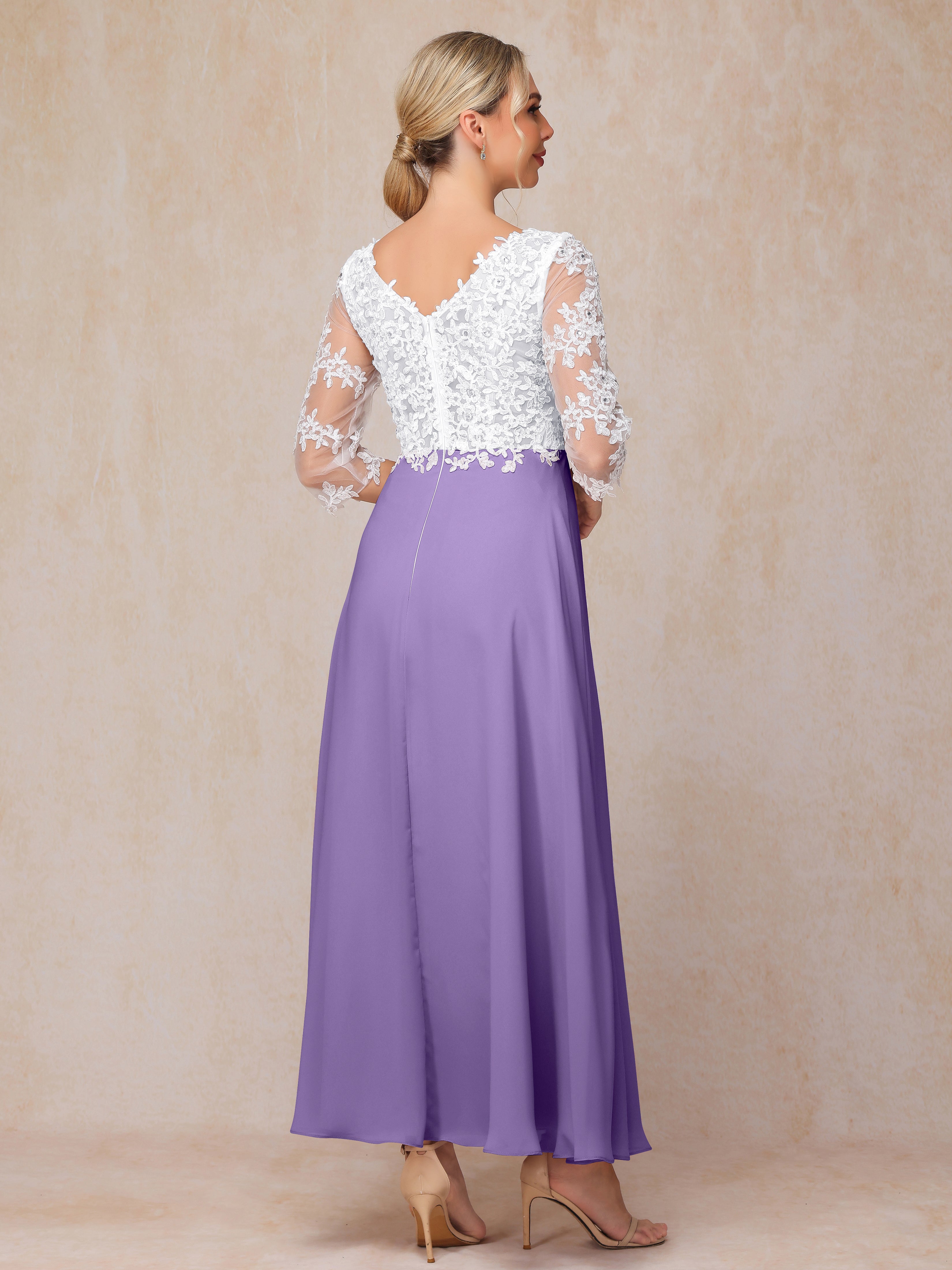 3/4 Sleeves A Line Ankle Length Chiffon Lace Wedding Guest Dresses