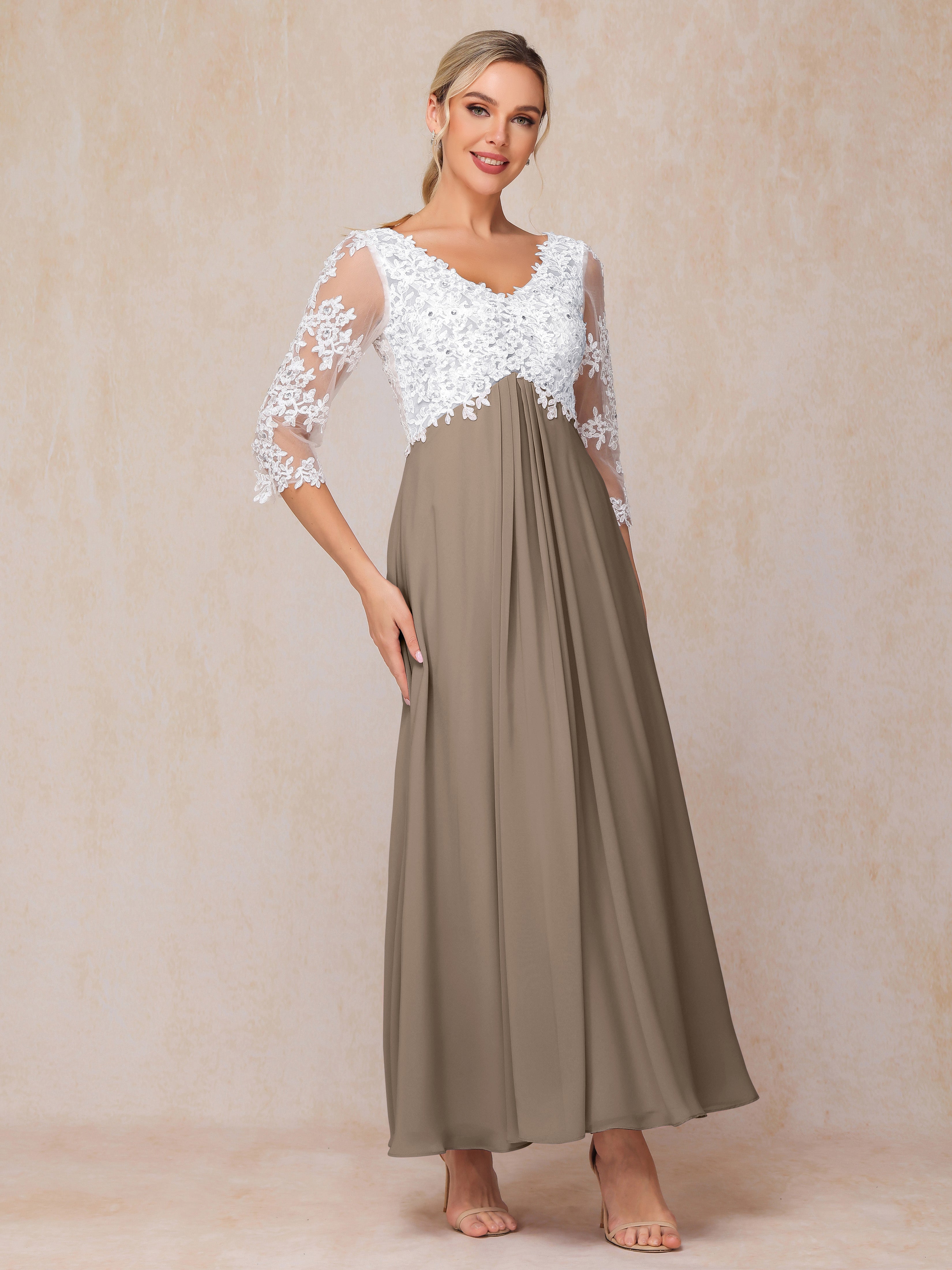 3/4 Sleeves A Line Ankle Length Chiffon Lace Wedding Guest Dresses