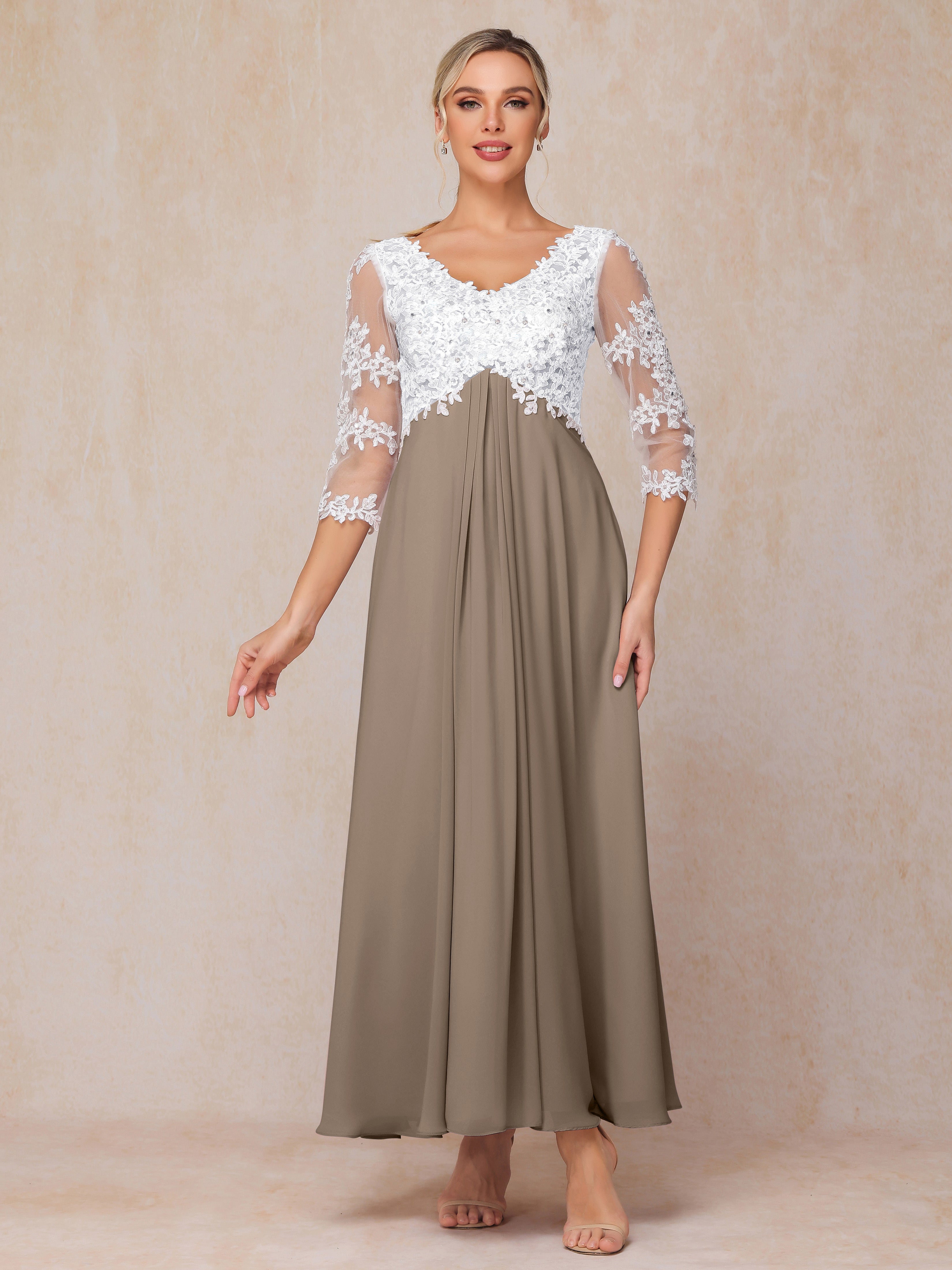 3/4 Sleeves A Line Ankle Length Chiffon Lace Wedding Guest Dresses