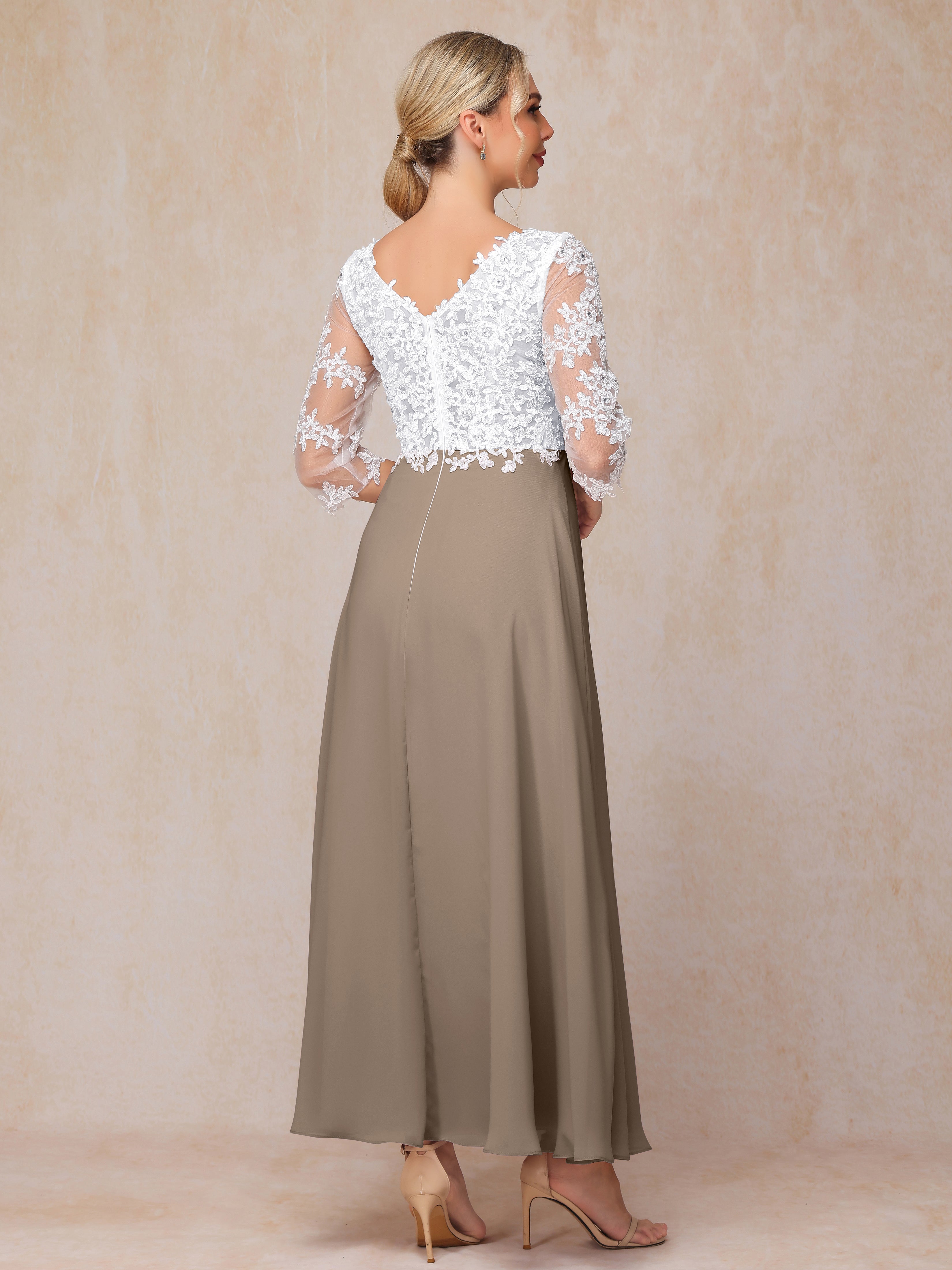 3/4 Sleeves A Line Ankle Length Chiffon Lace Wedding Guest Dresses