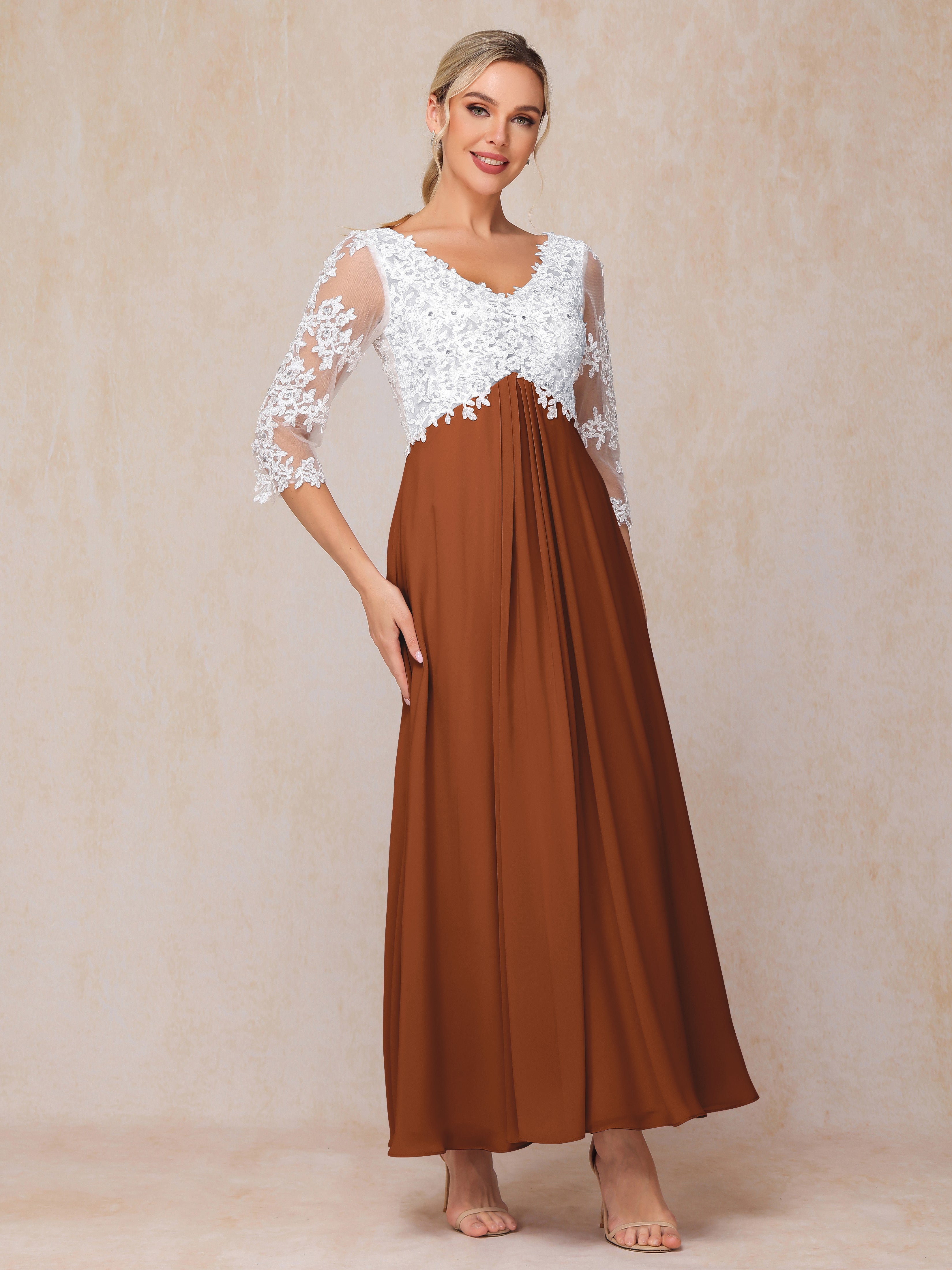 3/4 Sleeves A Line Ankle Length Chiffon Lace Wedding Guest Dresses