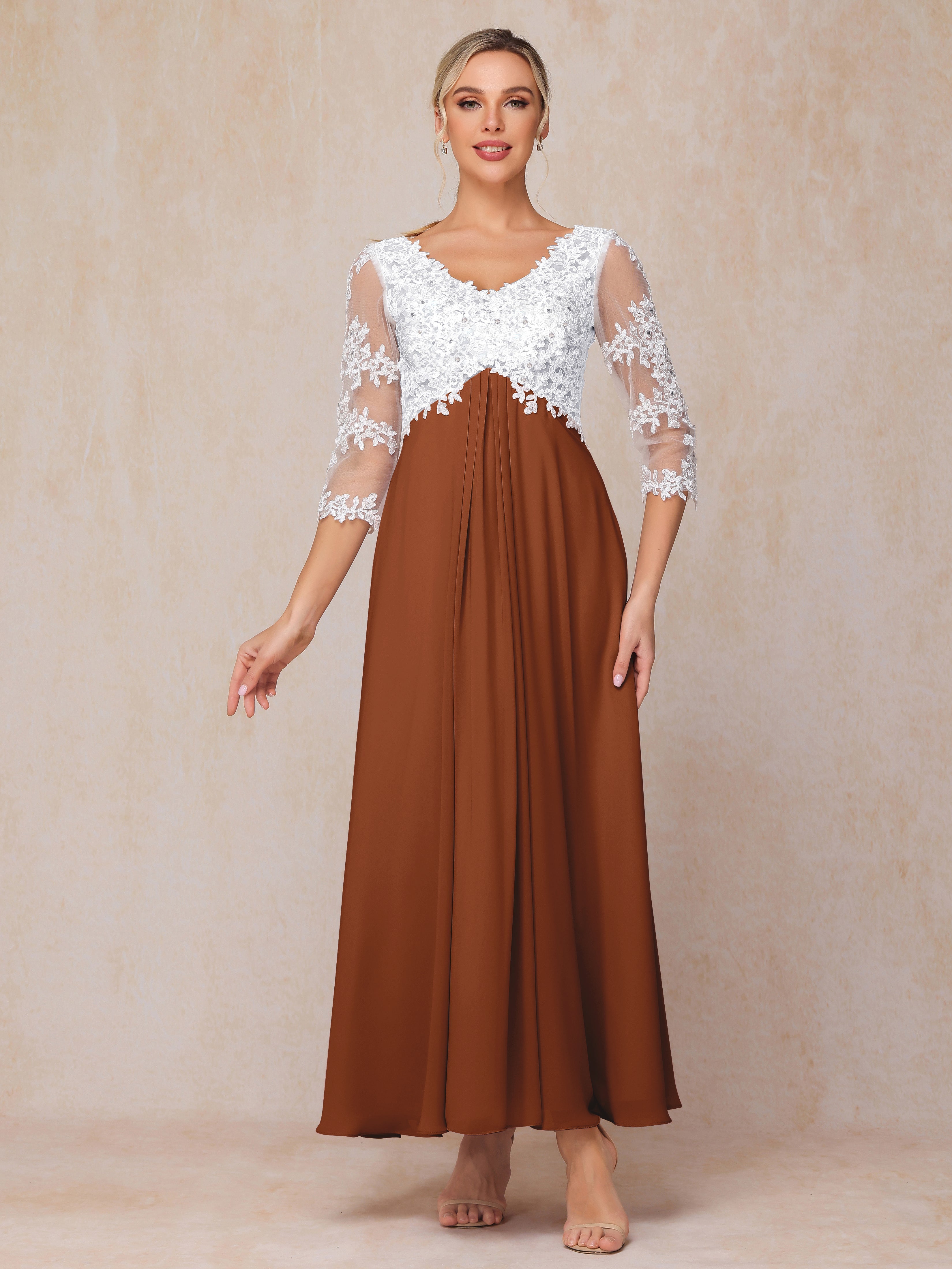 3/4 Sleeves A Line Ankle Length Chiffon Lace Wedding Guest Dresses