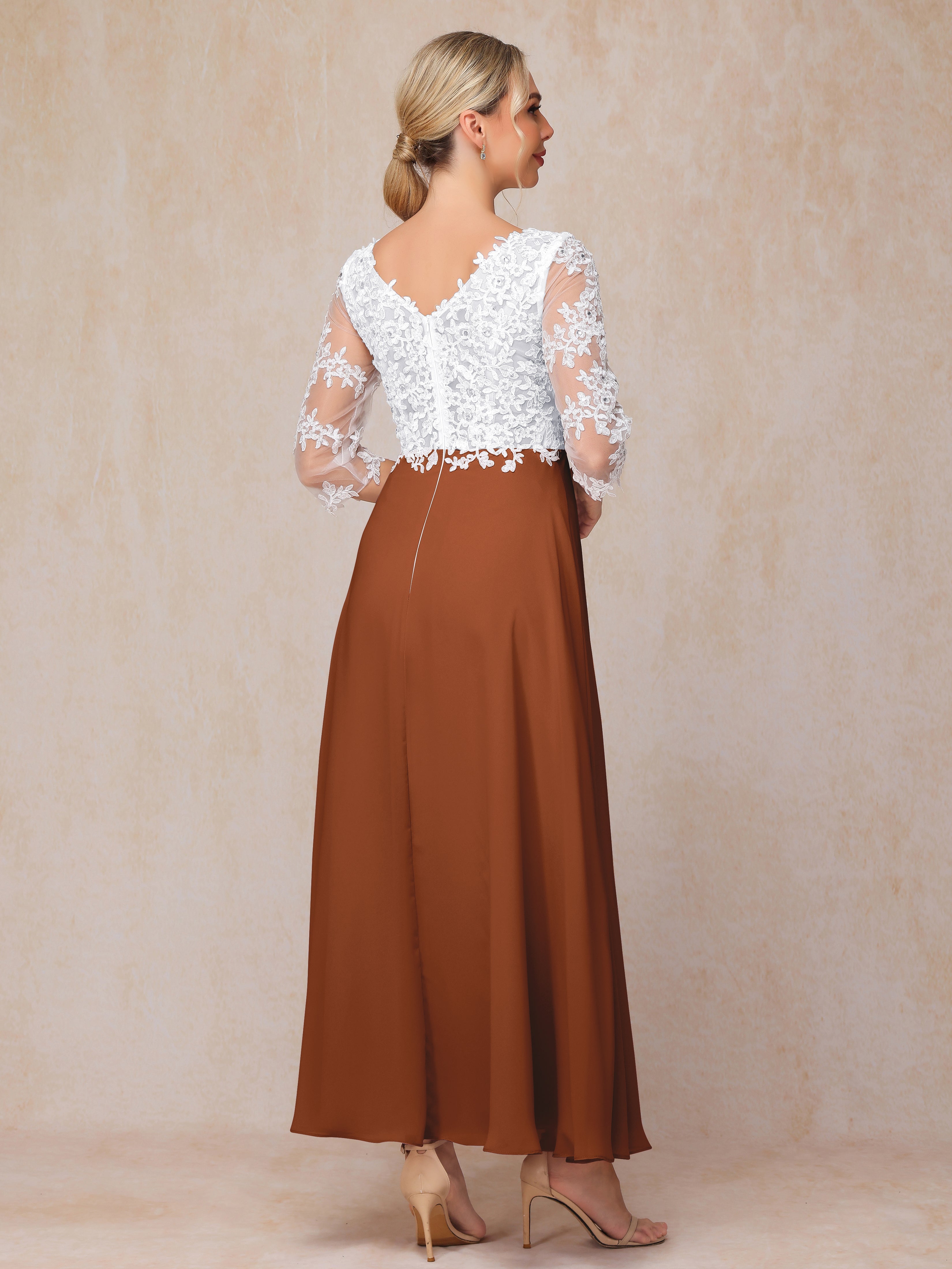3/4 Sleeves A Line Ankle Length Chiffon Lace Wedding Guest Dresses