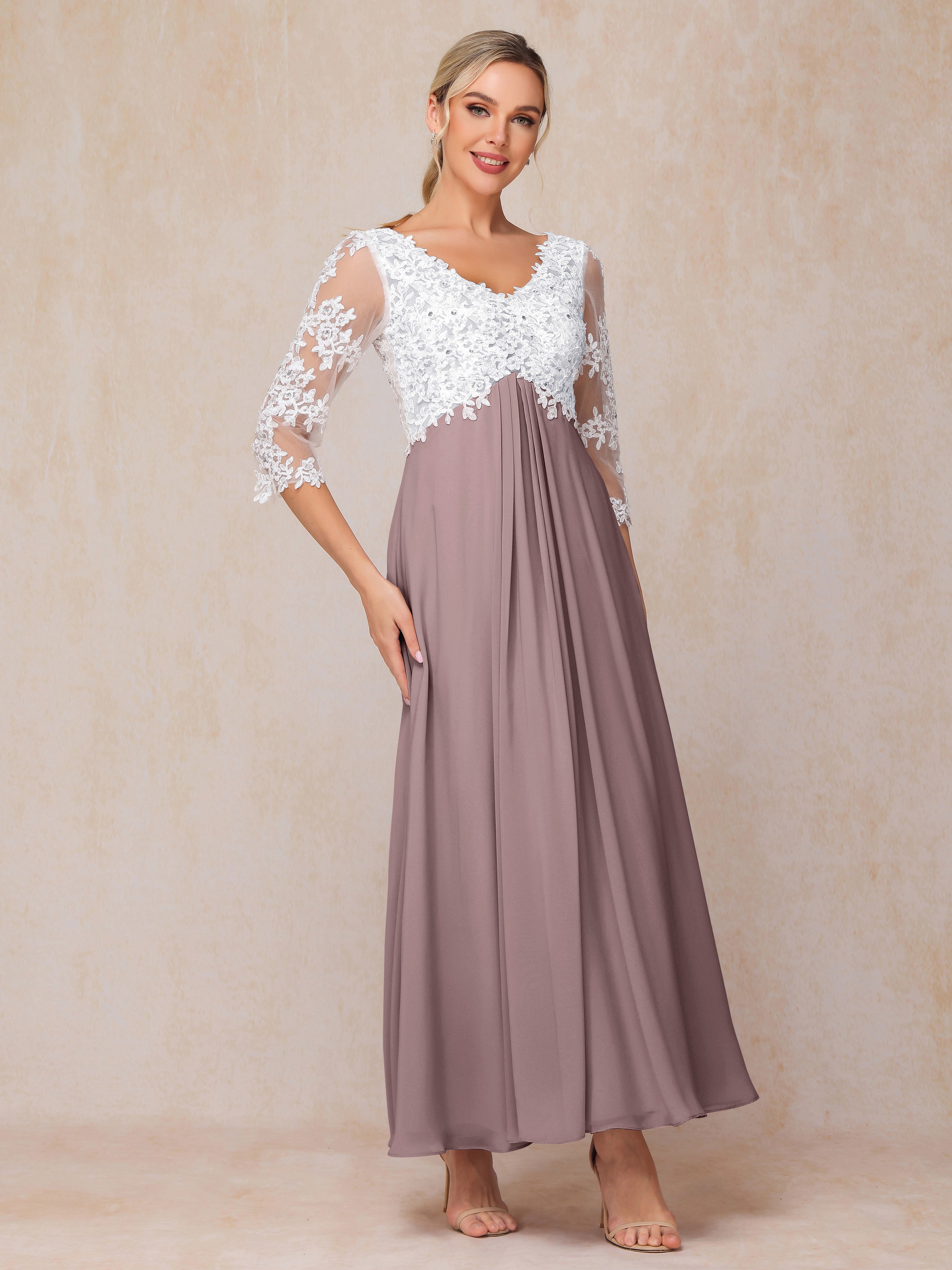 3/4 Sleeves A Line Ankle Length Chiffon Lace Wedding Guest Dresses