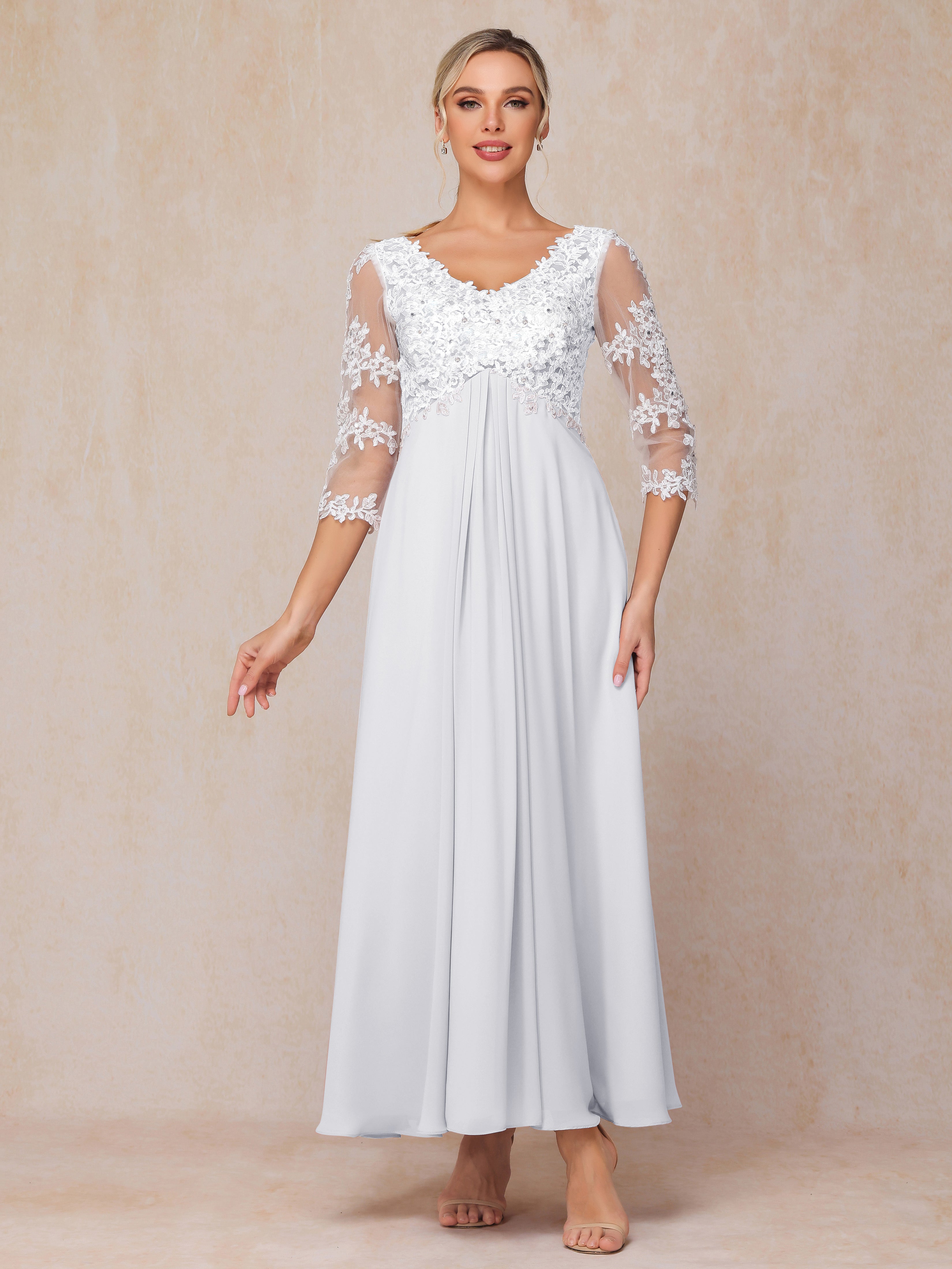 3/4 Sleeves A Line Ankle Length Chiffon Lace Wedding Guest Dresses
