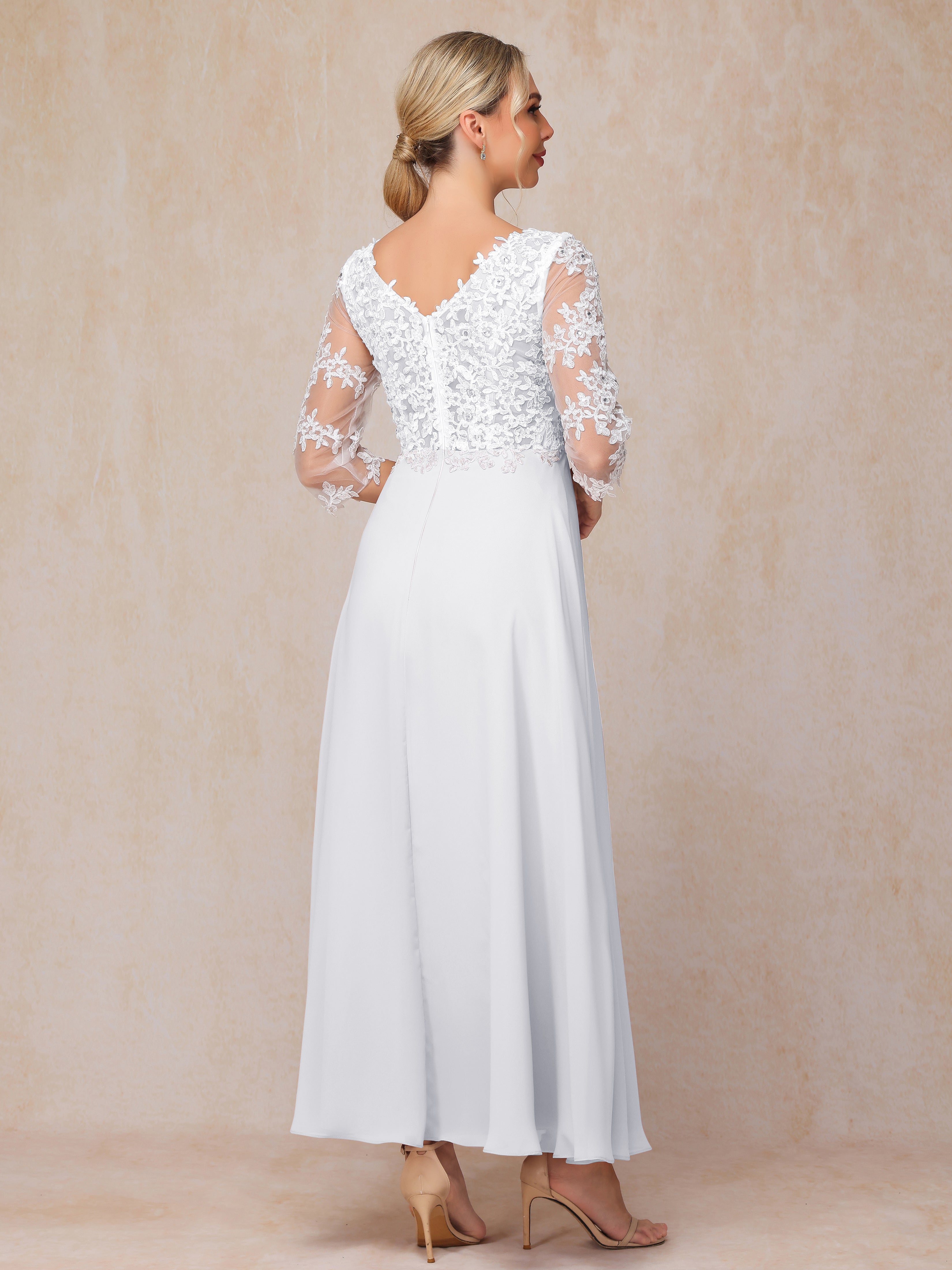3/4 Sleeves A Line Ankle Length Chiffon Lace Wedding Guest Dresses