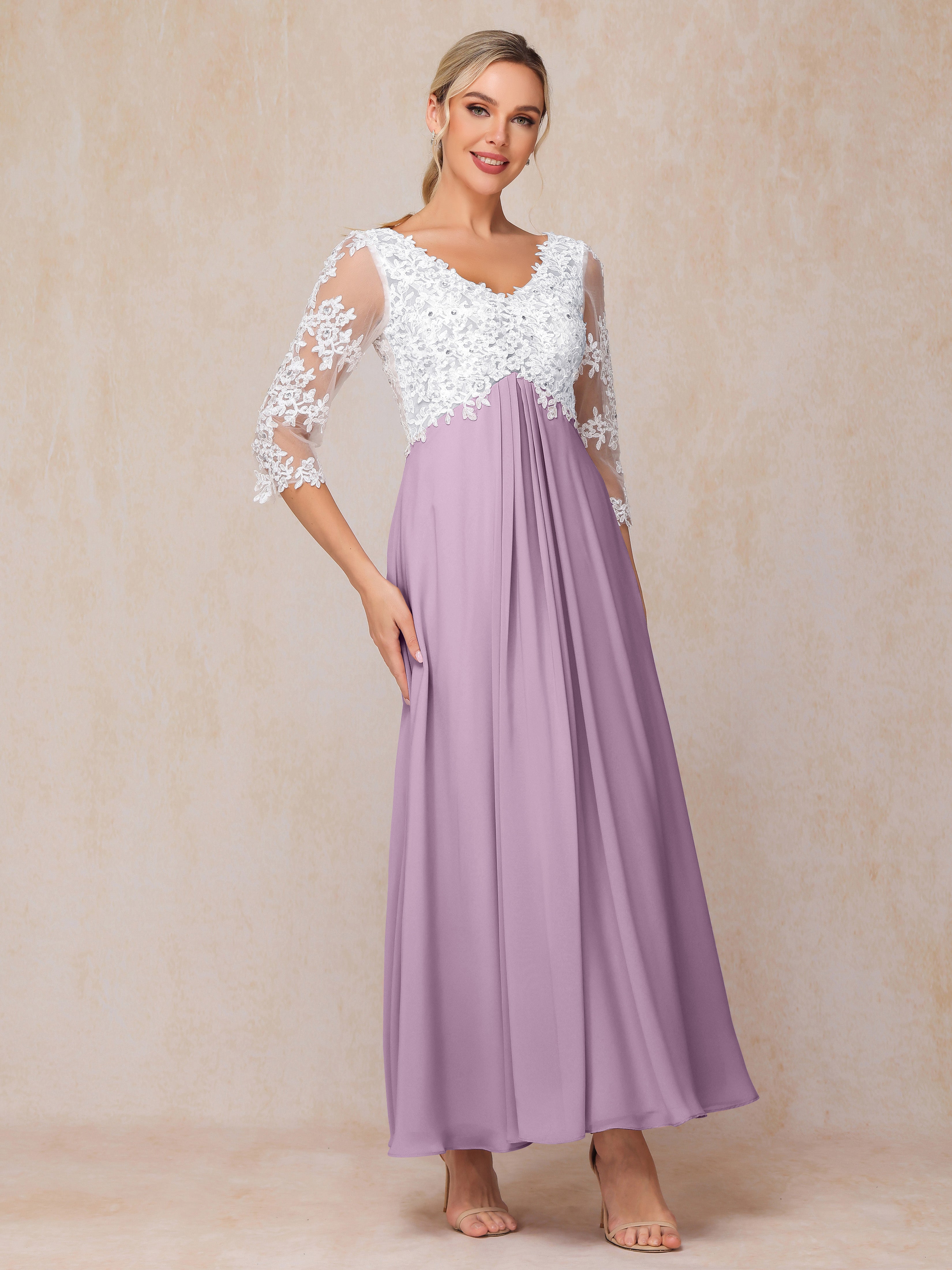 3/4 Sleeves A Line Ankle Length Chiffon Lace Wedding Guest Dresses